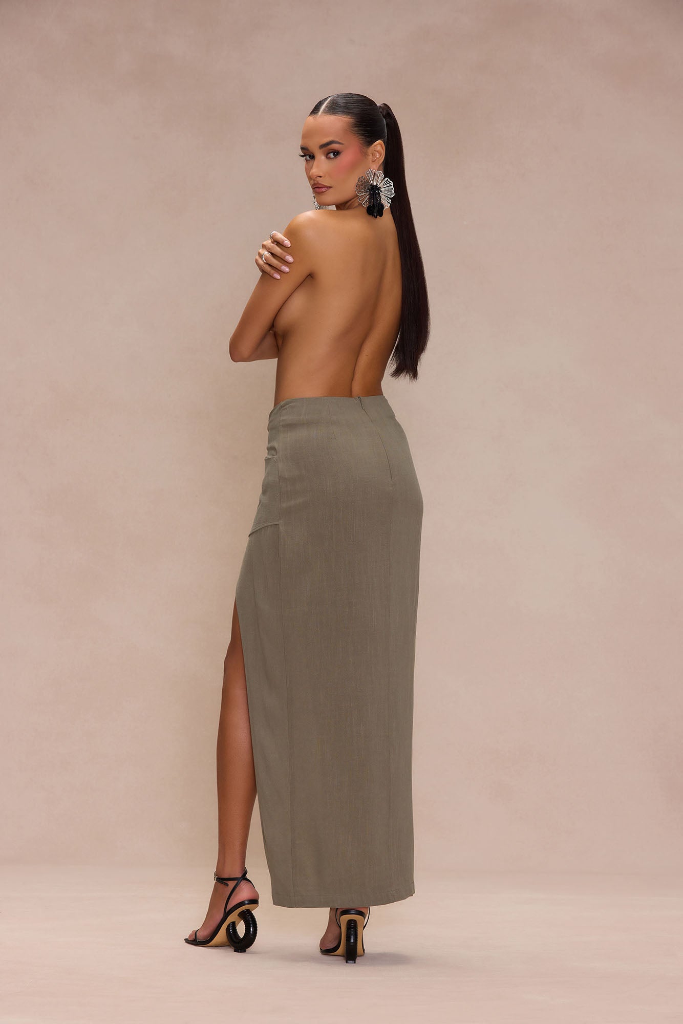 Dezi Linen Slit Maxi Skirt - Olive - Image 5