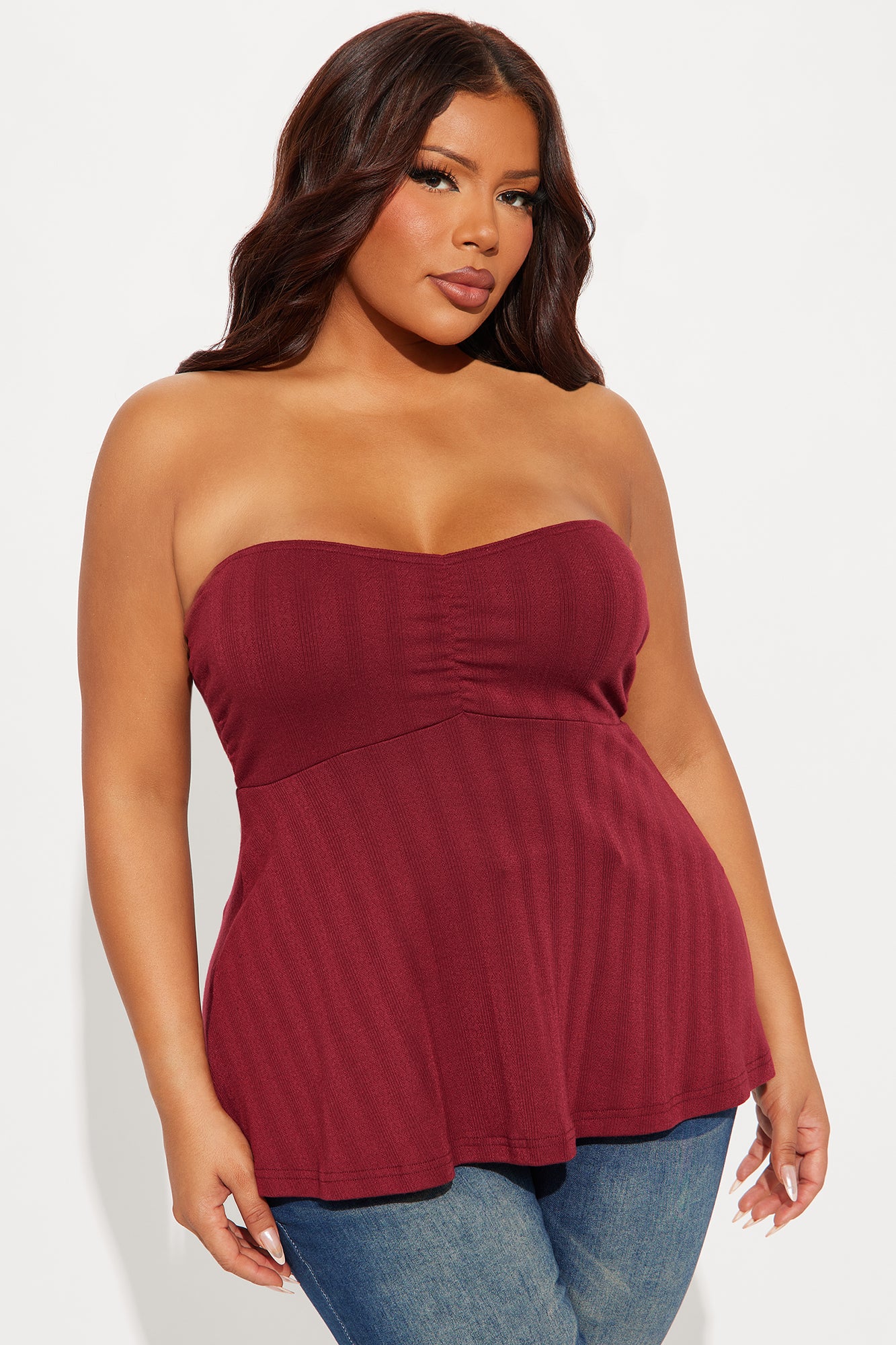 Teagan Pointelle Strapless Top - Burgundy - Image 4
