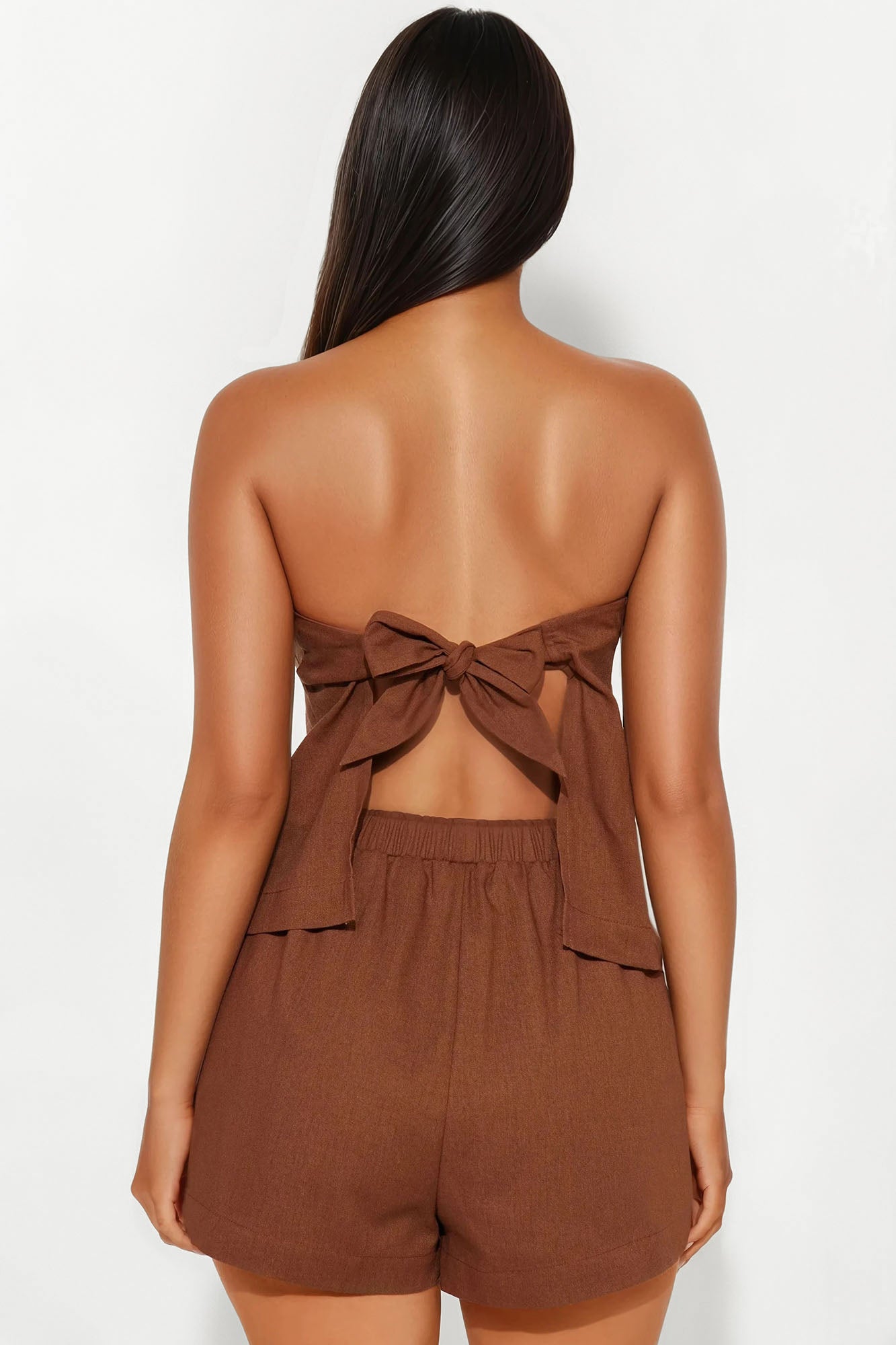 Lucia Linen Strapless Short Set - Brown - Image 3