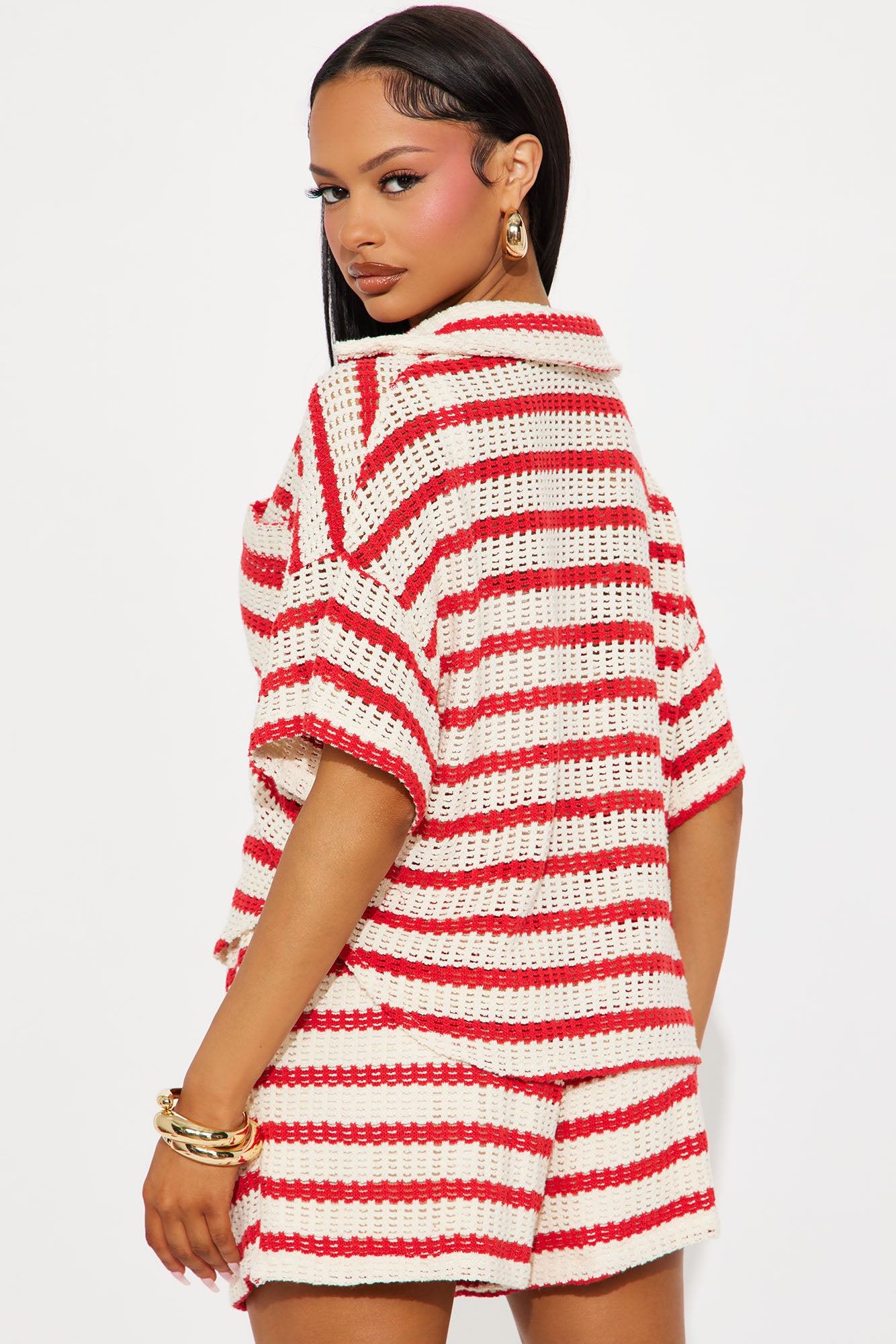 Savannah Stripe Crochet Short Set  - Red/combo - Image 3