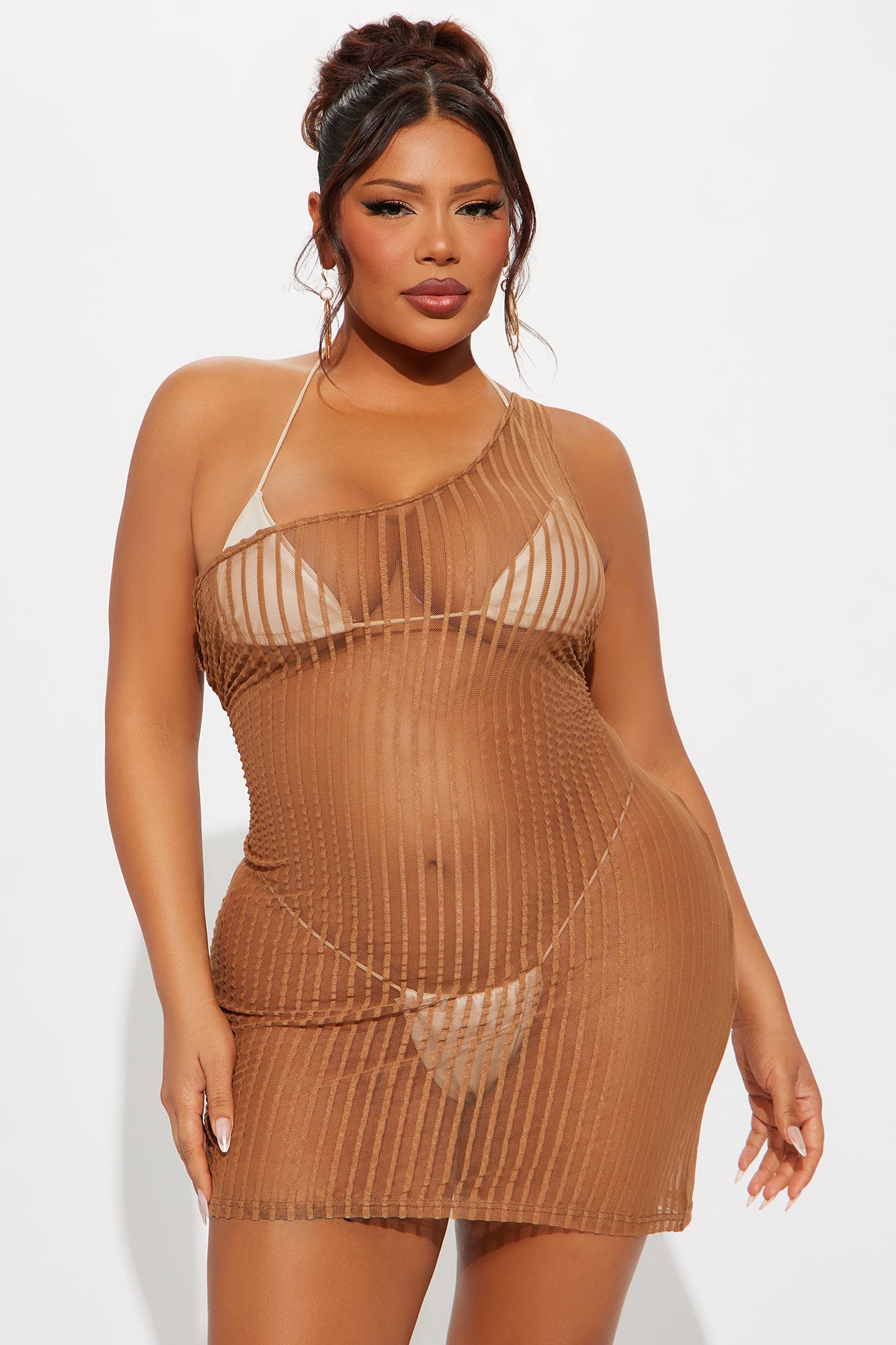 Palm Shade Stripe One Shoulder Twist Cover Up Mini Dress - Mocha - Image 4