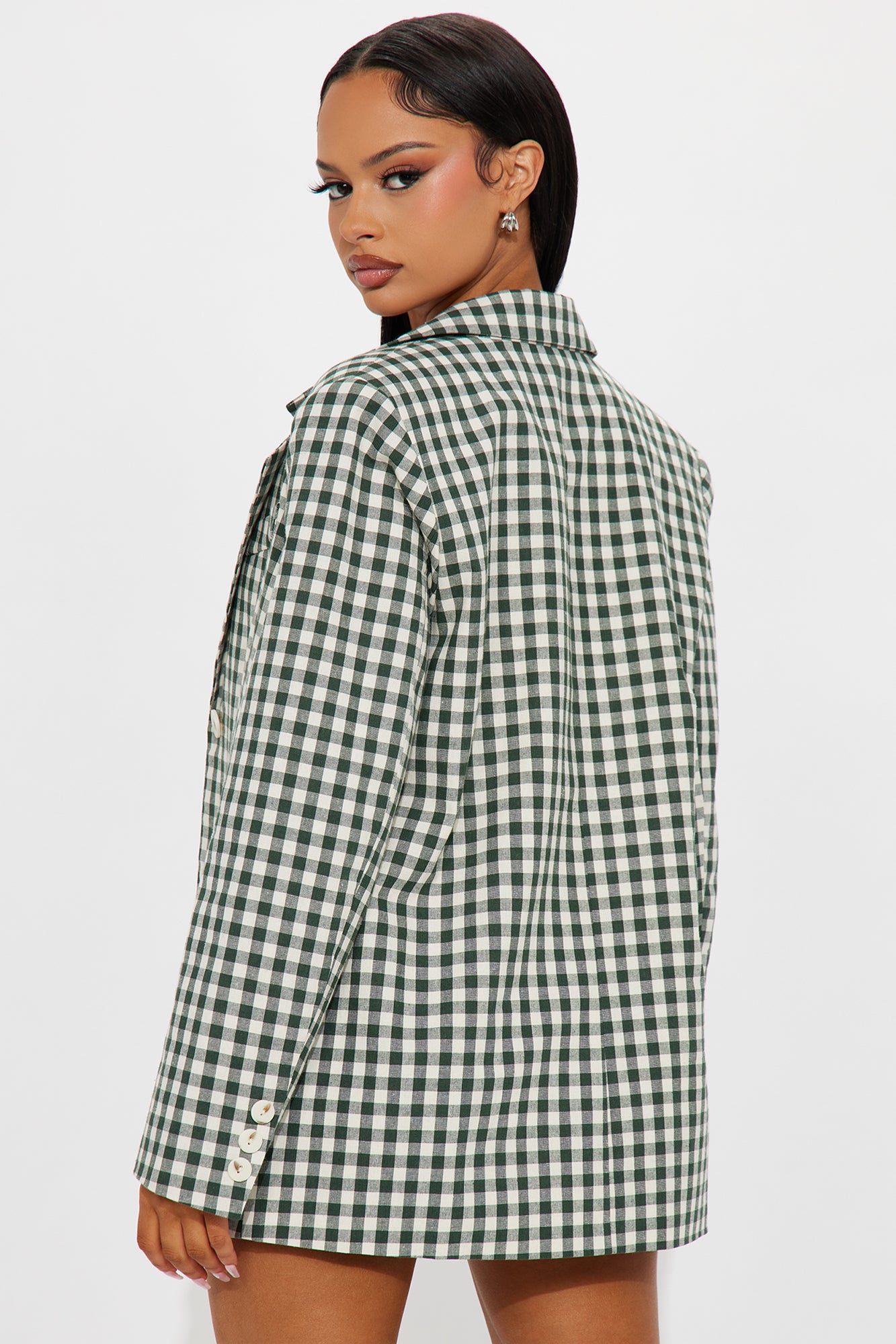 Gina Gingham Linen Oversized Blazer - Green - Image 3