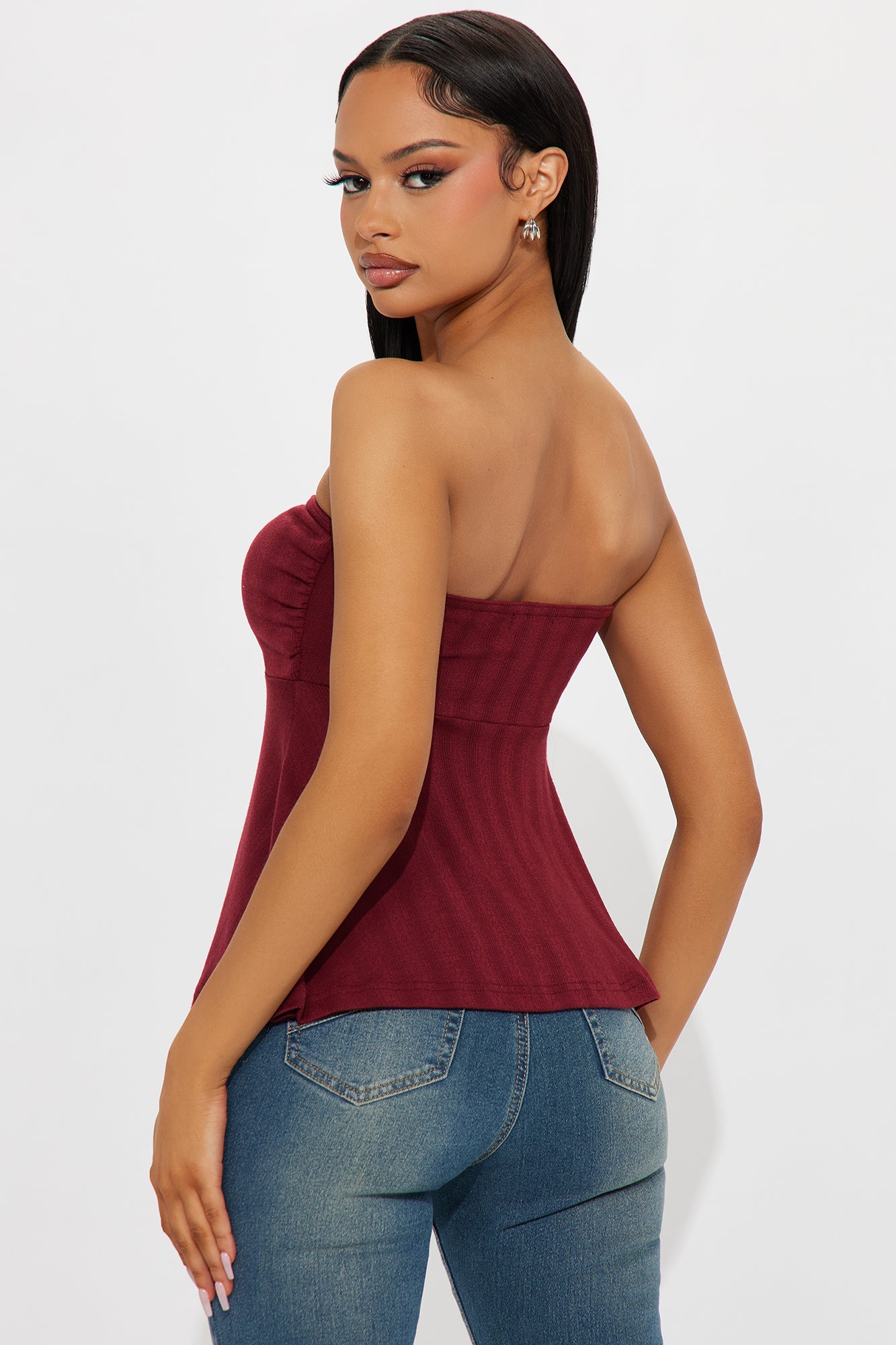 Teagan Pointelle Strapless Top - Burgundy - Image 3