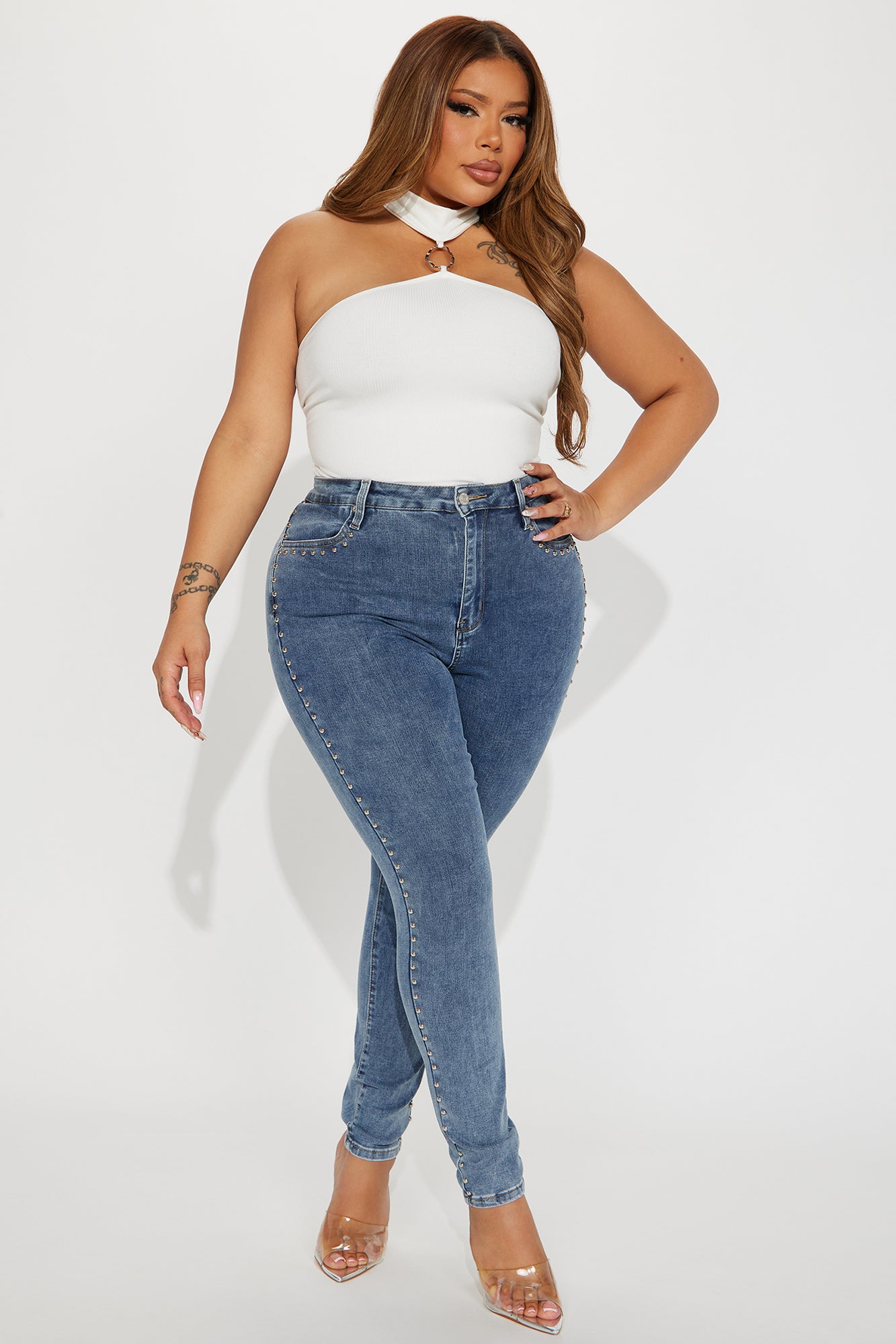 A Different Vibe Studded Stretch Skinny Jeans - Medium Wash - Image 6