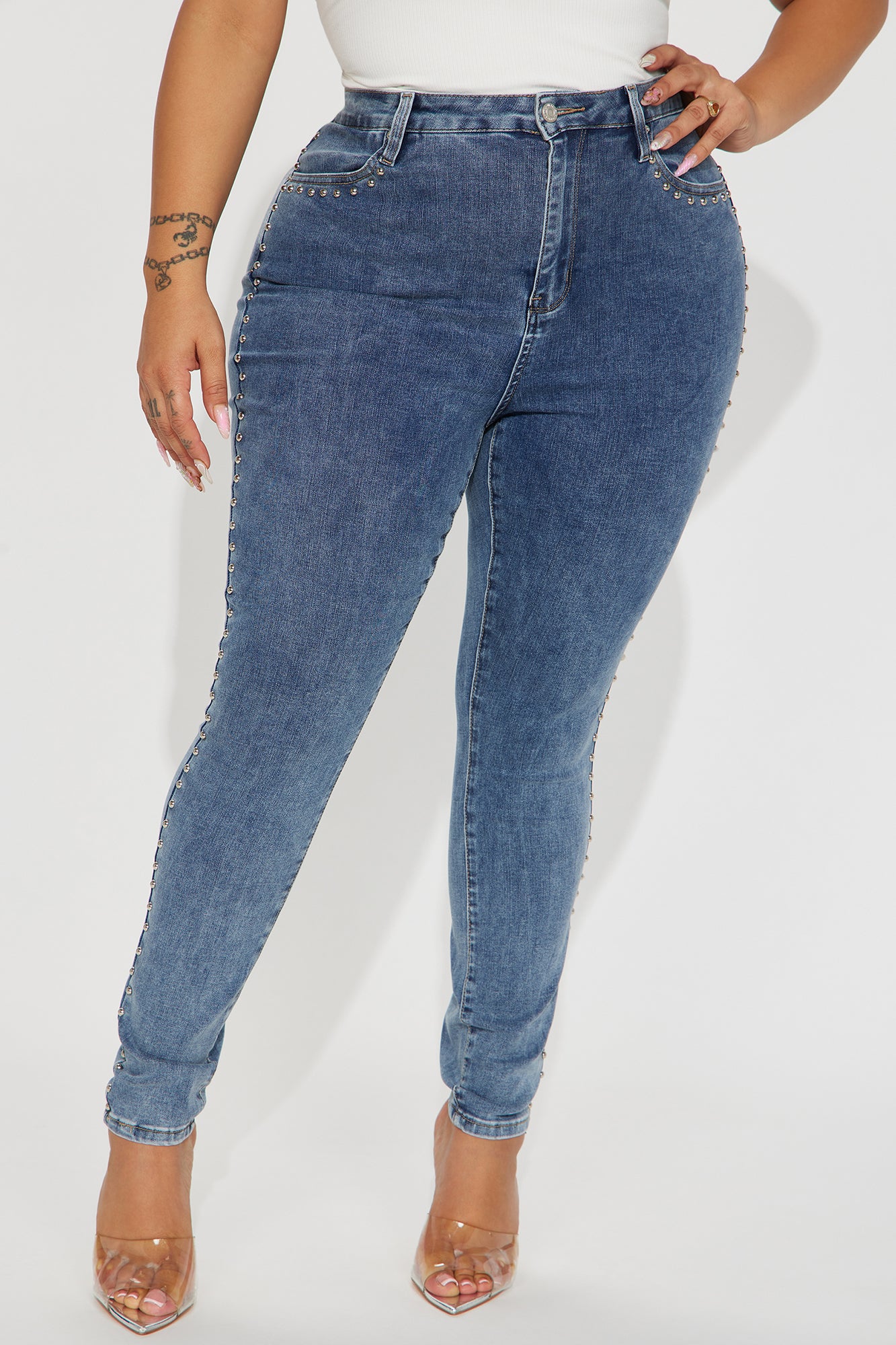A Different Vibe Studded Stretch Skinny Jeans - Medium Wash - Image 7