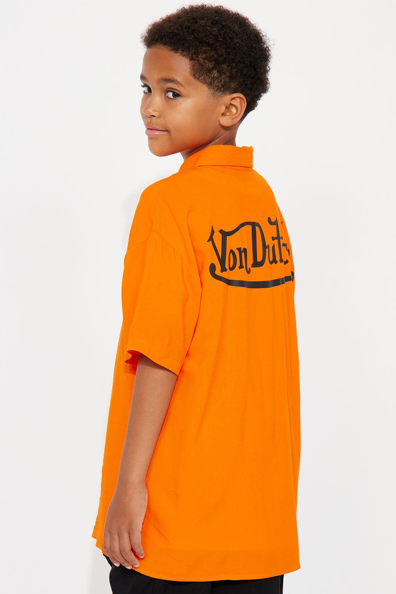 Mini Von Dutch Front And Back Graphic Short Sleeve Button Up Shirt - Orange - Image 3