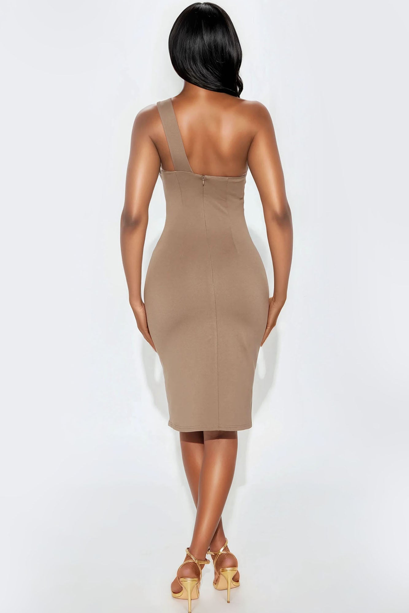Amina One Shoulder Ponte Midi  Dress - Taupe - Image 3