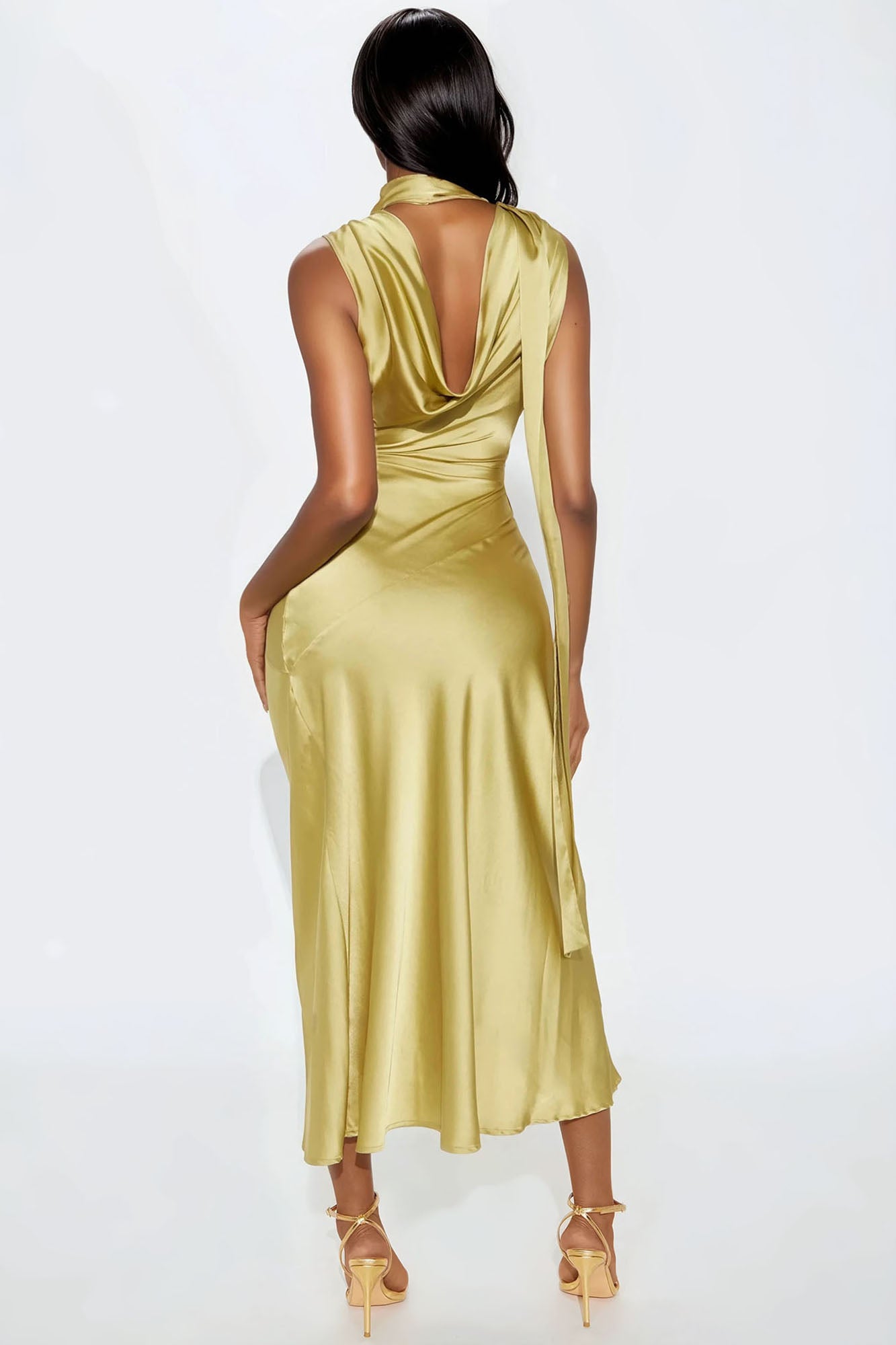 Valerie Cowl Neck Satin Maxi Dress - Green - Image 3
