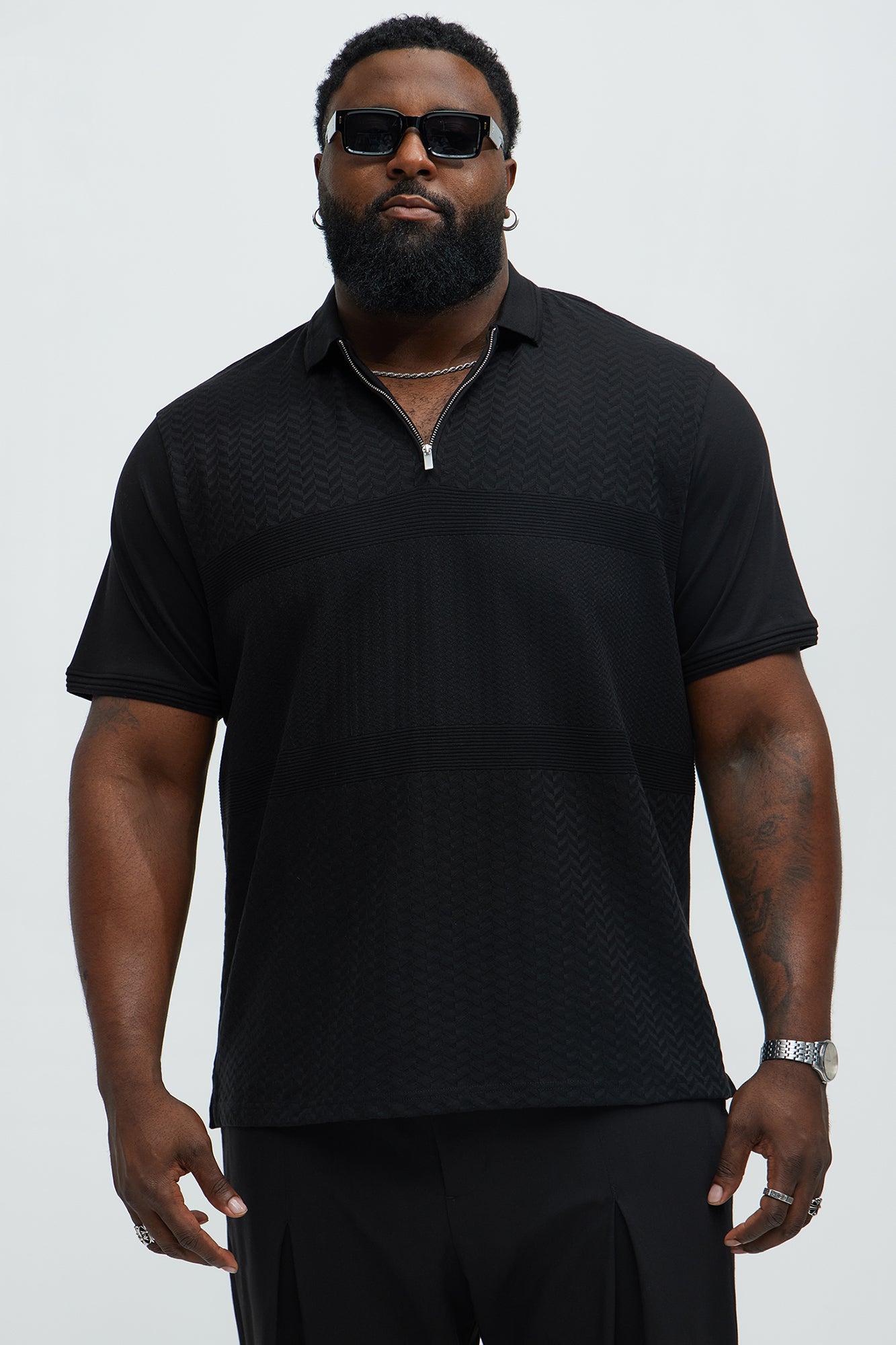 Textured Zip Collar Short Sleeve Polo - Black - Image 5