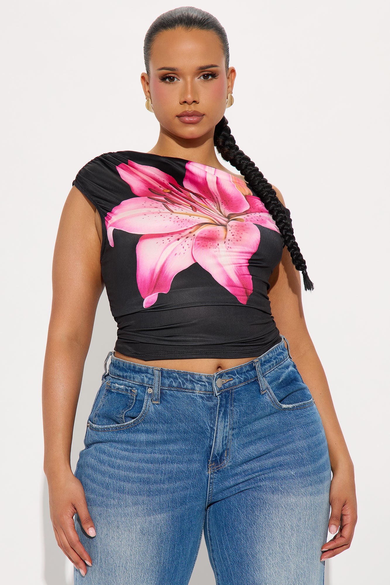 Floral Notes Boat Neck Ruched Top - Black/combo - Image 4