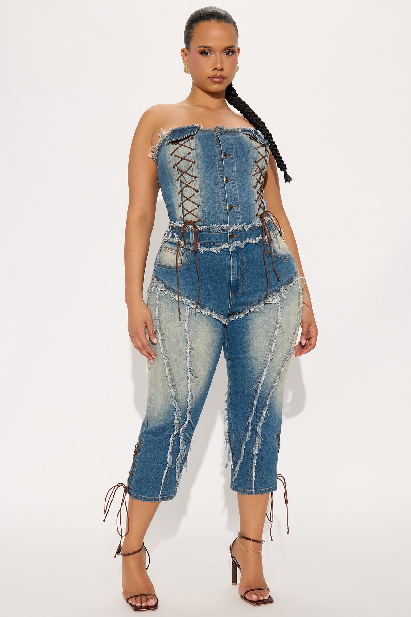 Stacked Up Washed Denim Capri Jumpsuit - Medium Wash - Image 4