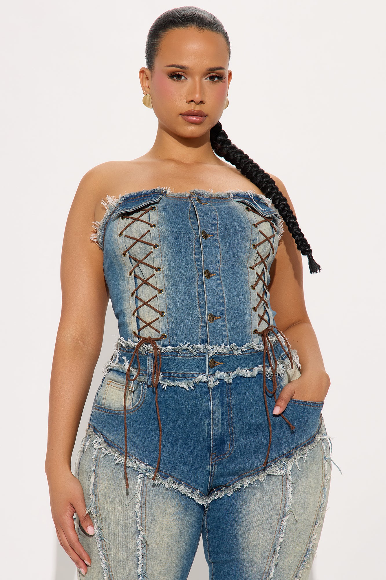 Stacked Up Washed Denim Capri Jumpsuit - Medium Wash - Image 5
