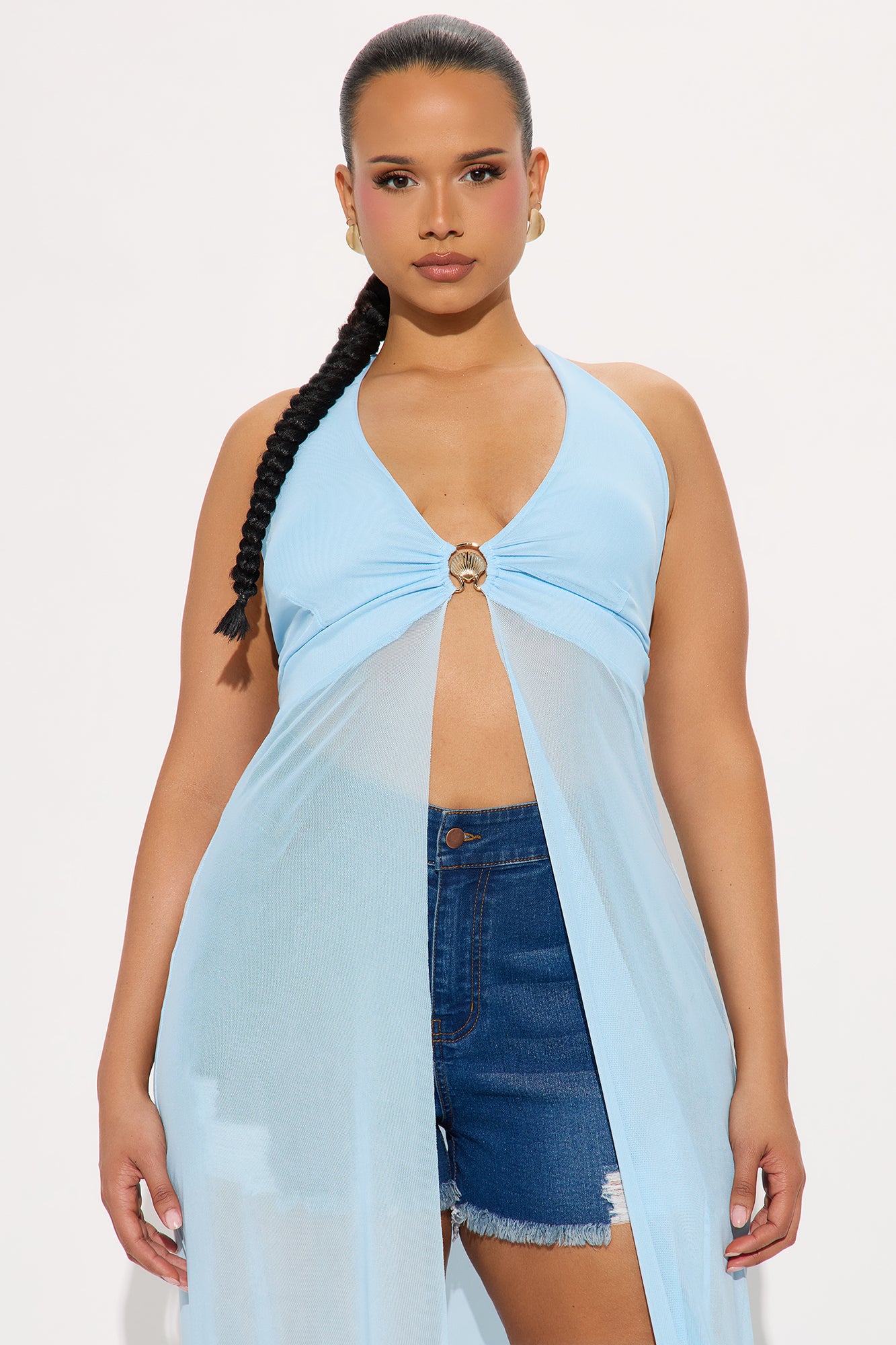 Ocean's Rhythm Long Mesh Halter Top - Blue - Image 6