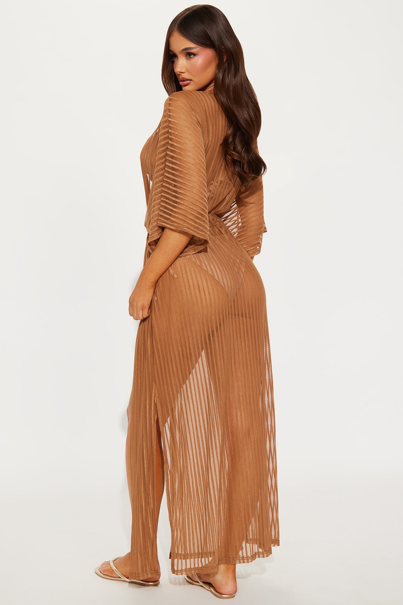 Beach Shade Stripe Cover Up Maxi Kimono - Mocha - Image 3