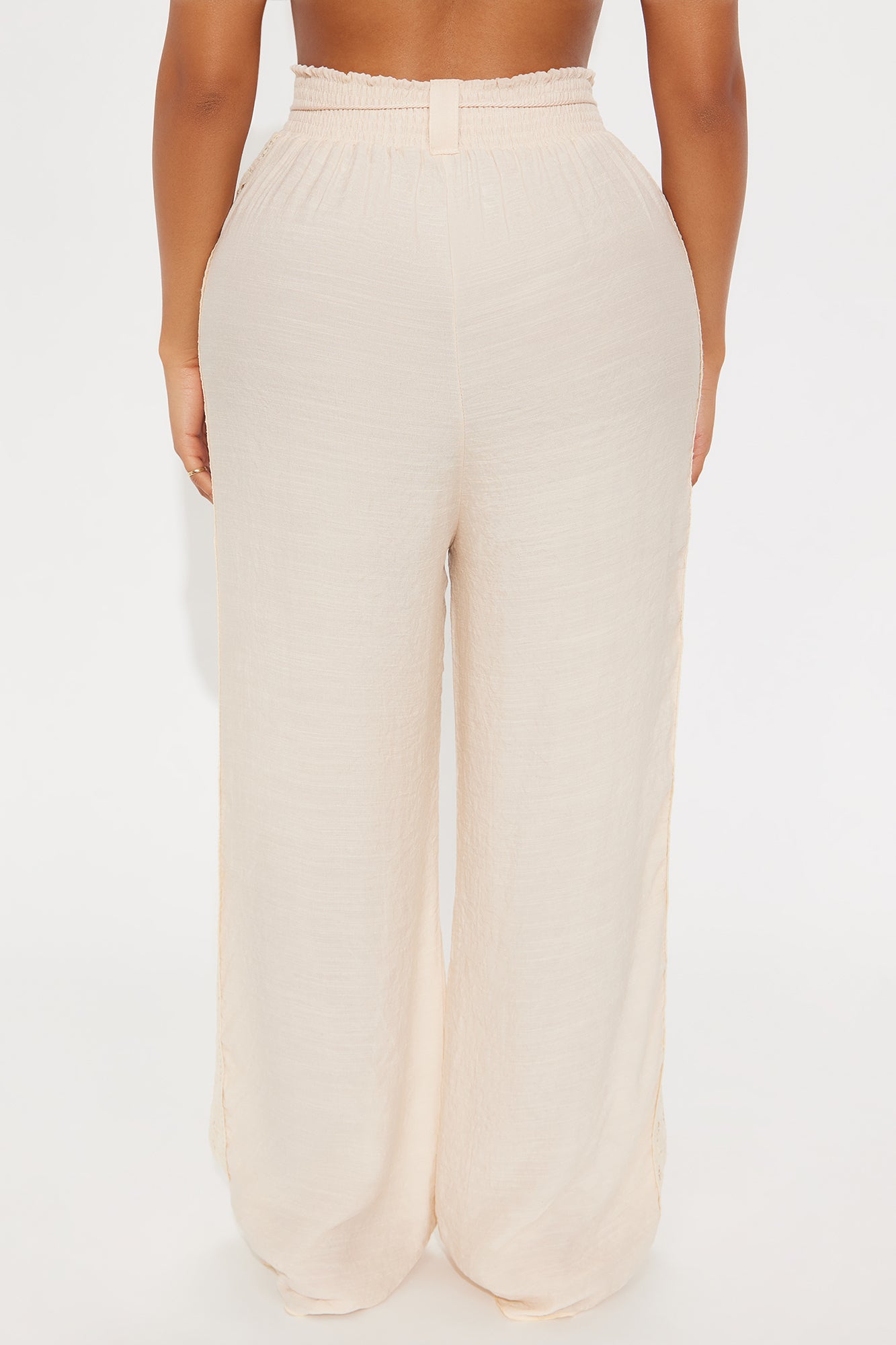 Beachside Lounge Linen Side Crochet Panel Cover Up Pants - Tan - Image 3