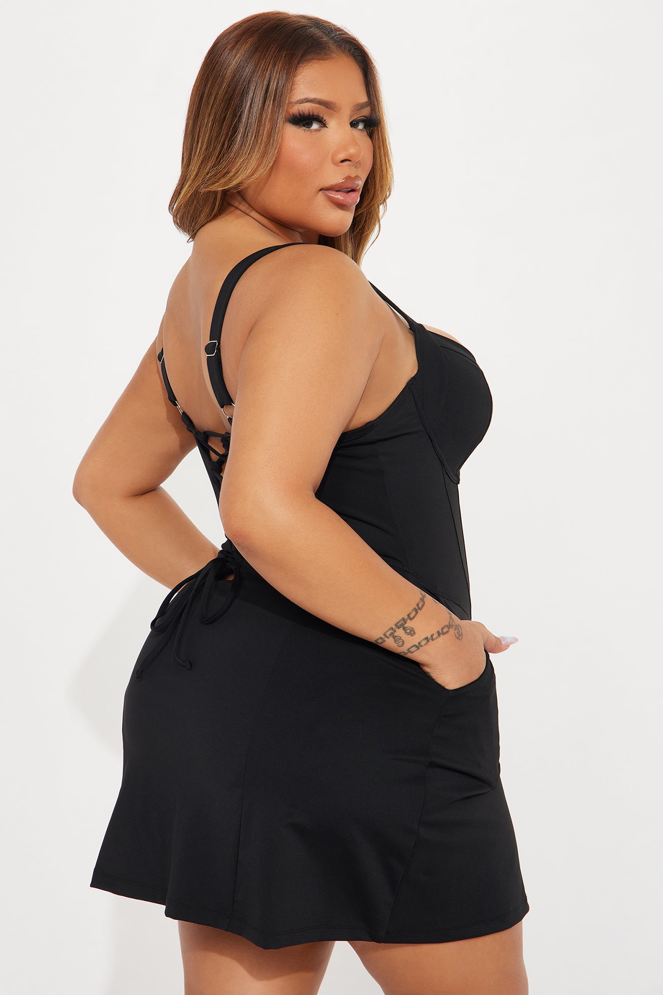 Delvina Corset Snatched Sculpting 1 Piece Swimsuit Dress - Black - Image 7