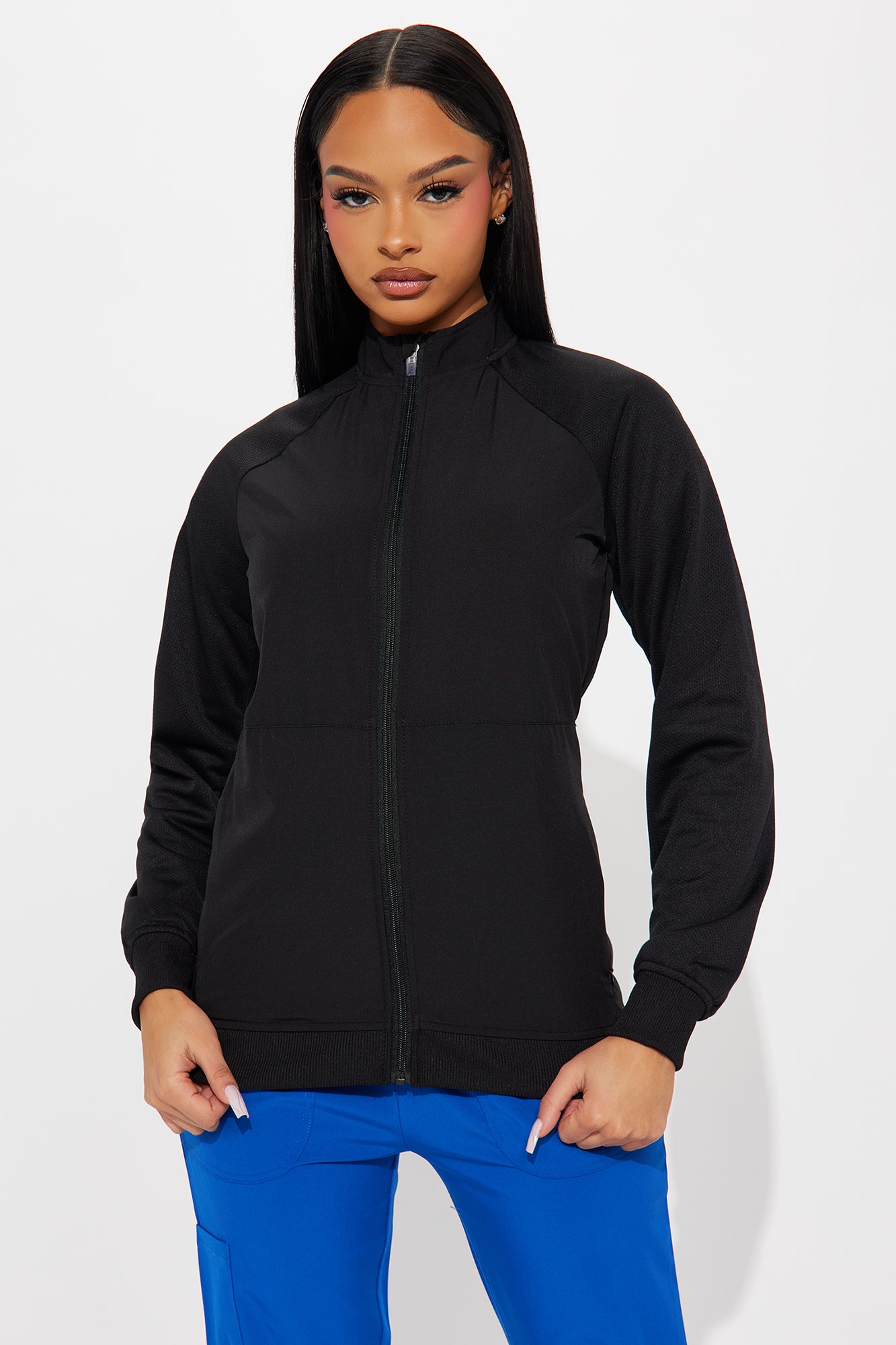 Full Shift Stretch Scrub Uniform Zip Up Jacket - Black - Image 3