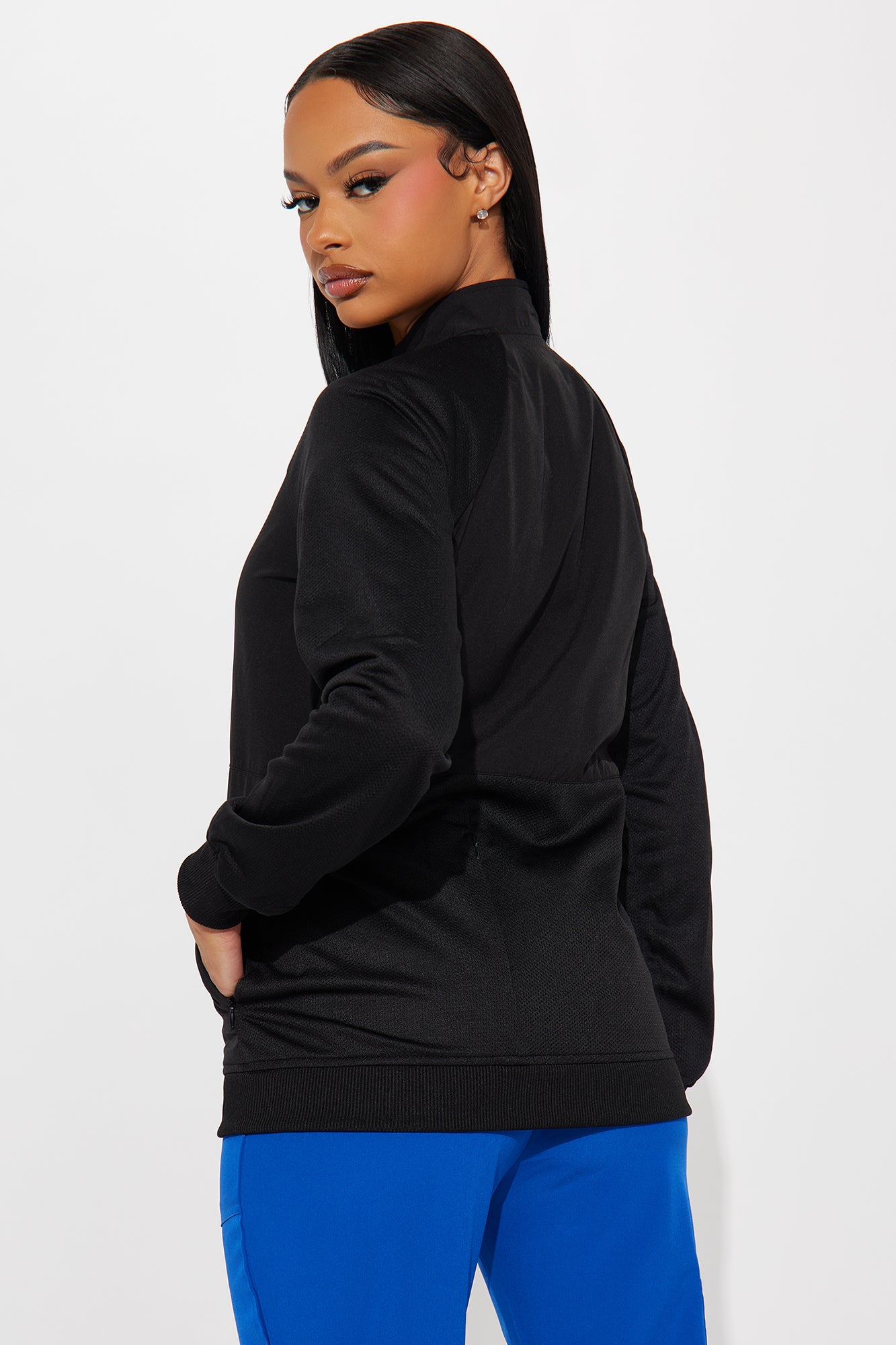 Full Shift Stretch Scrub Uniform Zip Up Jacket - Black - Image 5