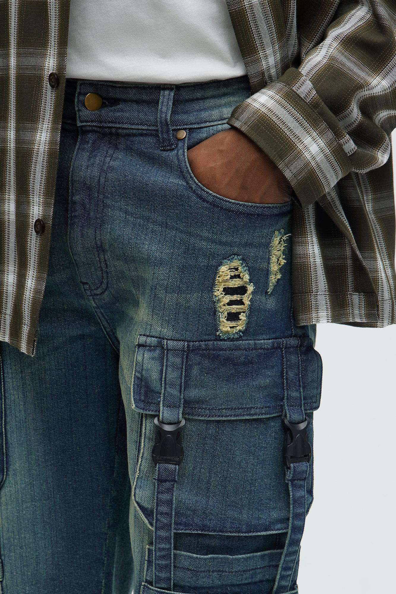 Buckle Strapped Relaxed Denim Shorts - Medium Blue Wash - Image 3