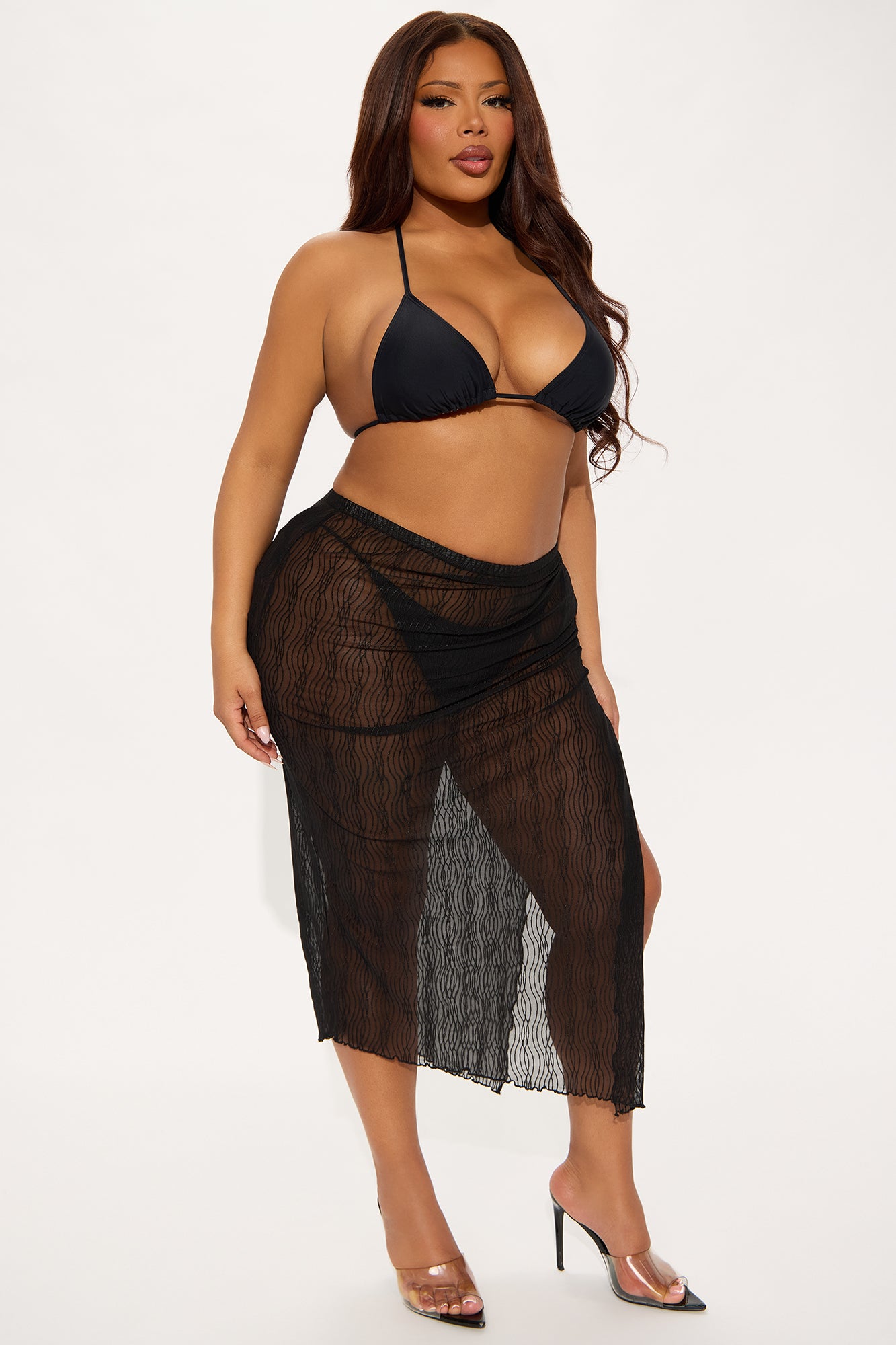 Summer Wave Textured Mesh Ruched Slit Cover Up Midi Skirt - Black - Image 4