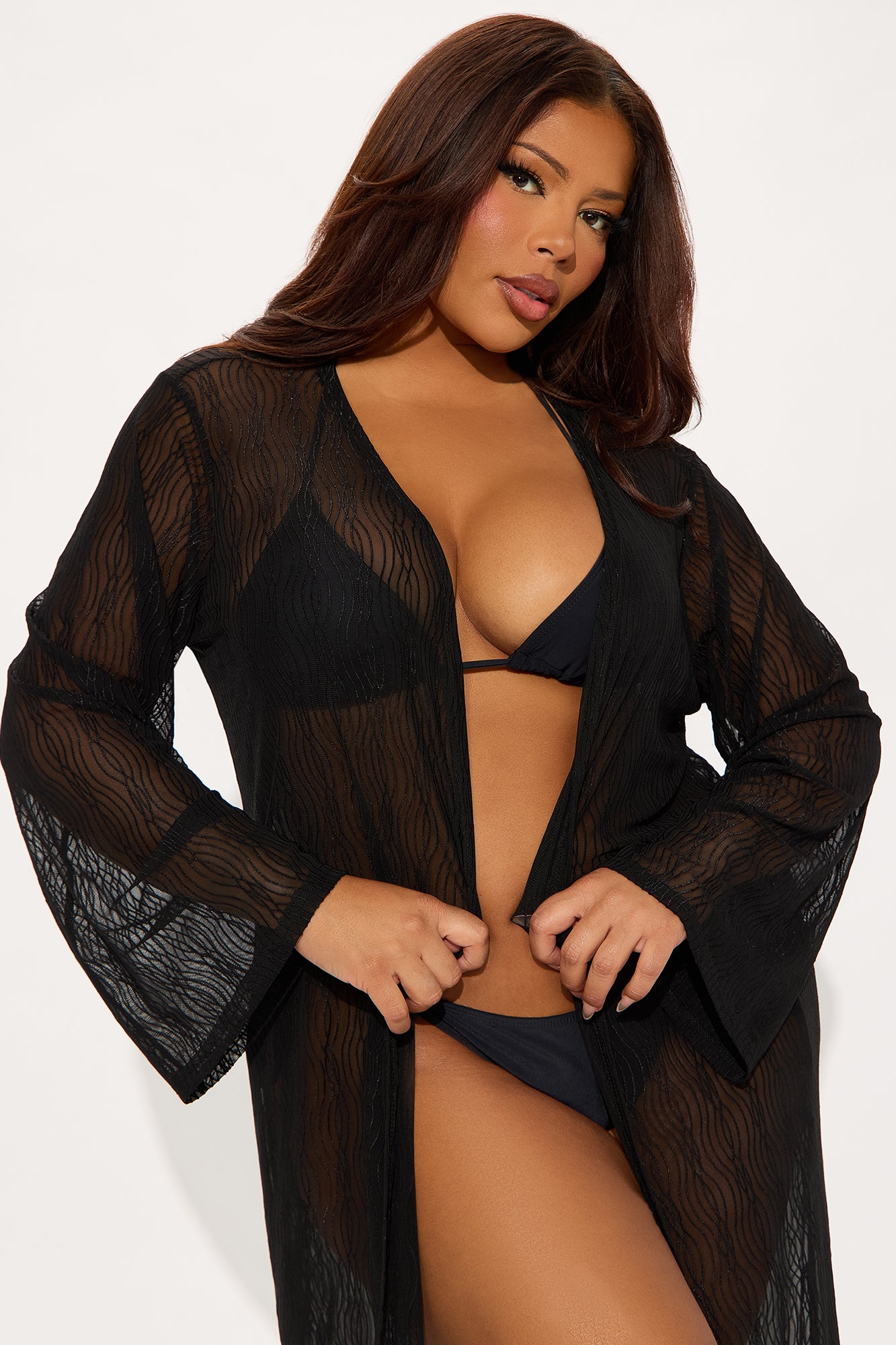Summer Wave Textured Mesh Cover Up Kimono - Black - Image 5