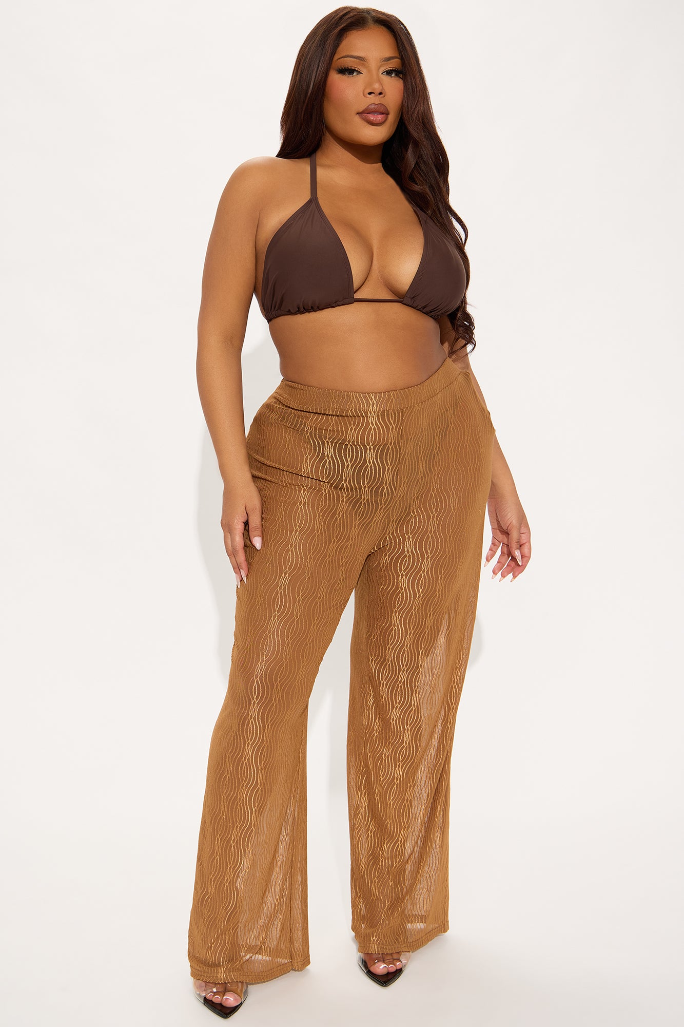Summer Wave Textured Mesh Cover Up Pants - Mocha - Image 4