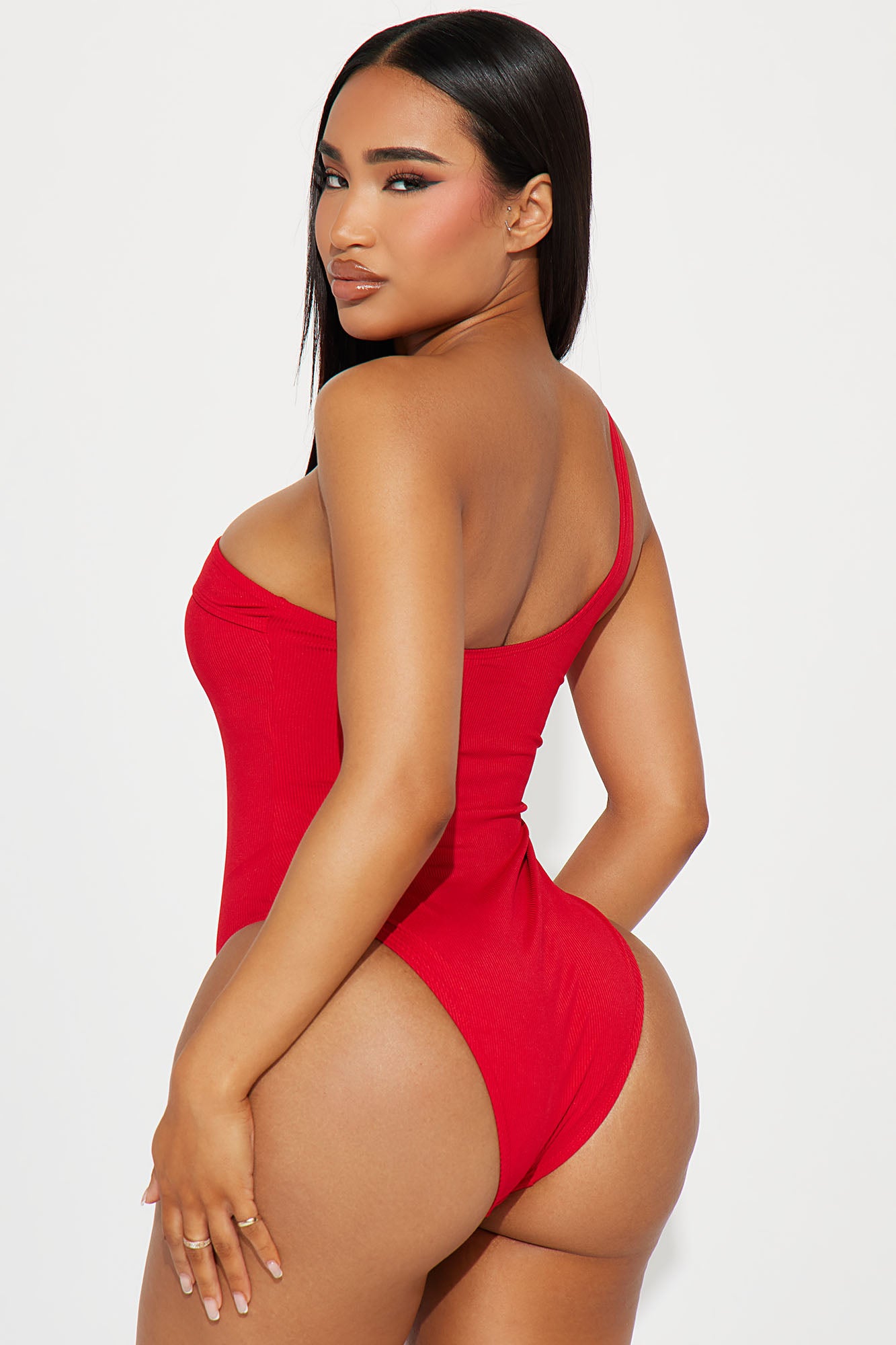 Natalie Asymmetrical 1 Piece Swimsuit - Red - Image 3