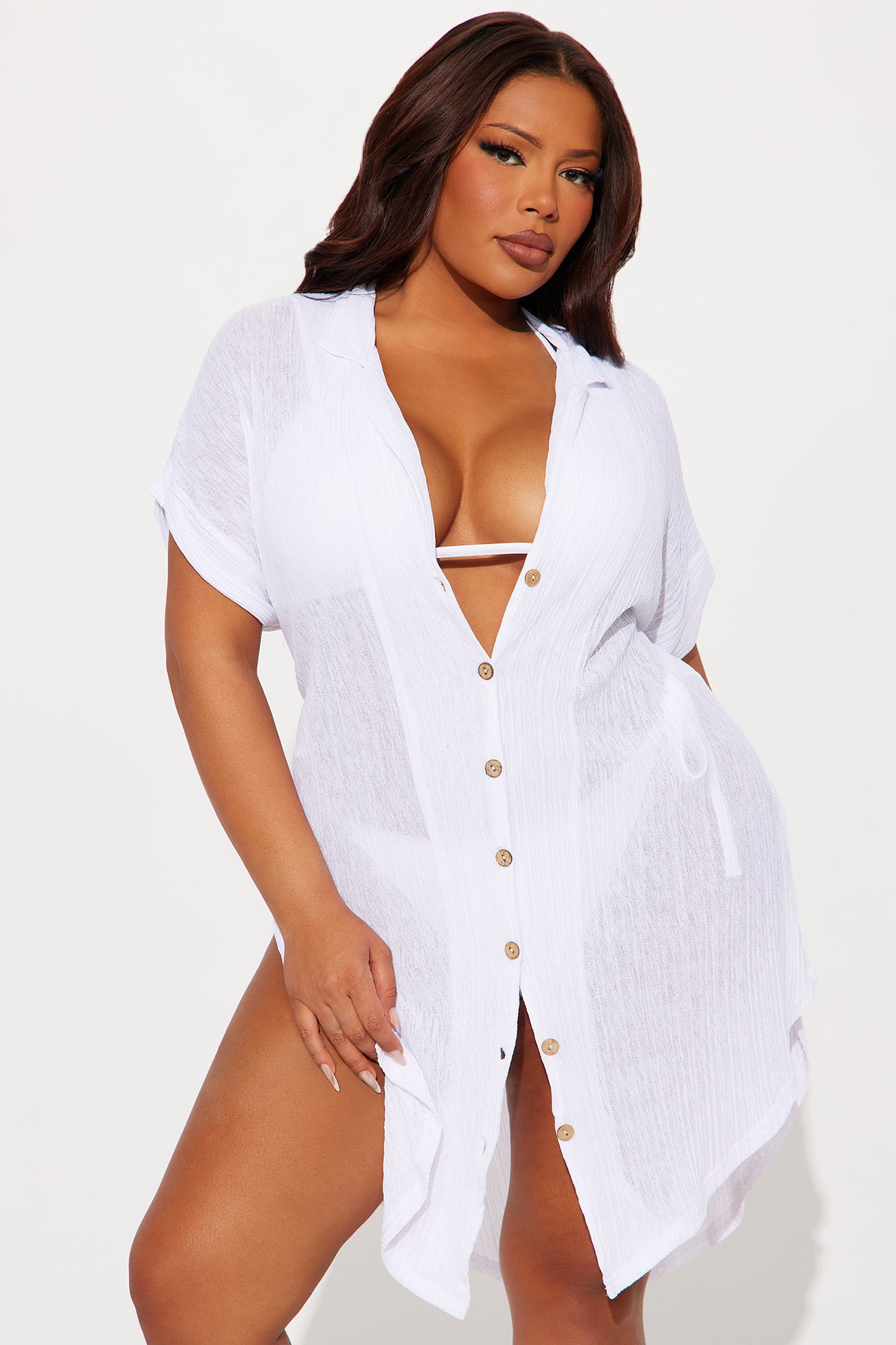 Summer Breeze Button Up Plisse Cover Up Shirt Dress - White - Image 5