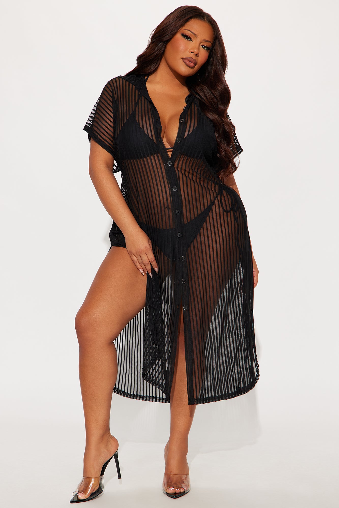 Palm Shade Stripe Midi Button Up Cover Up - Black - Image 4
