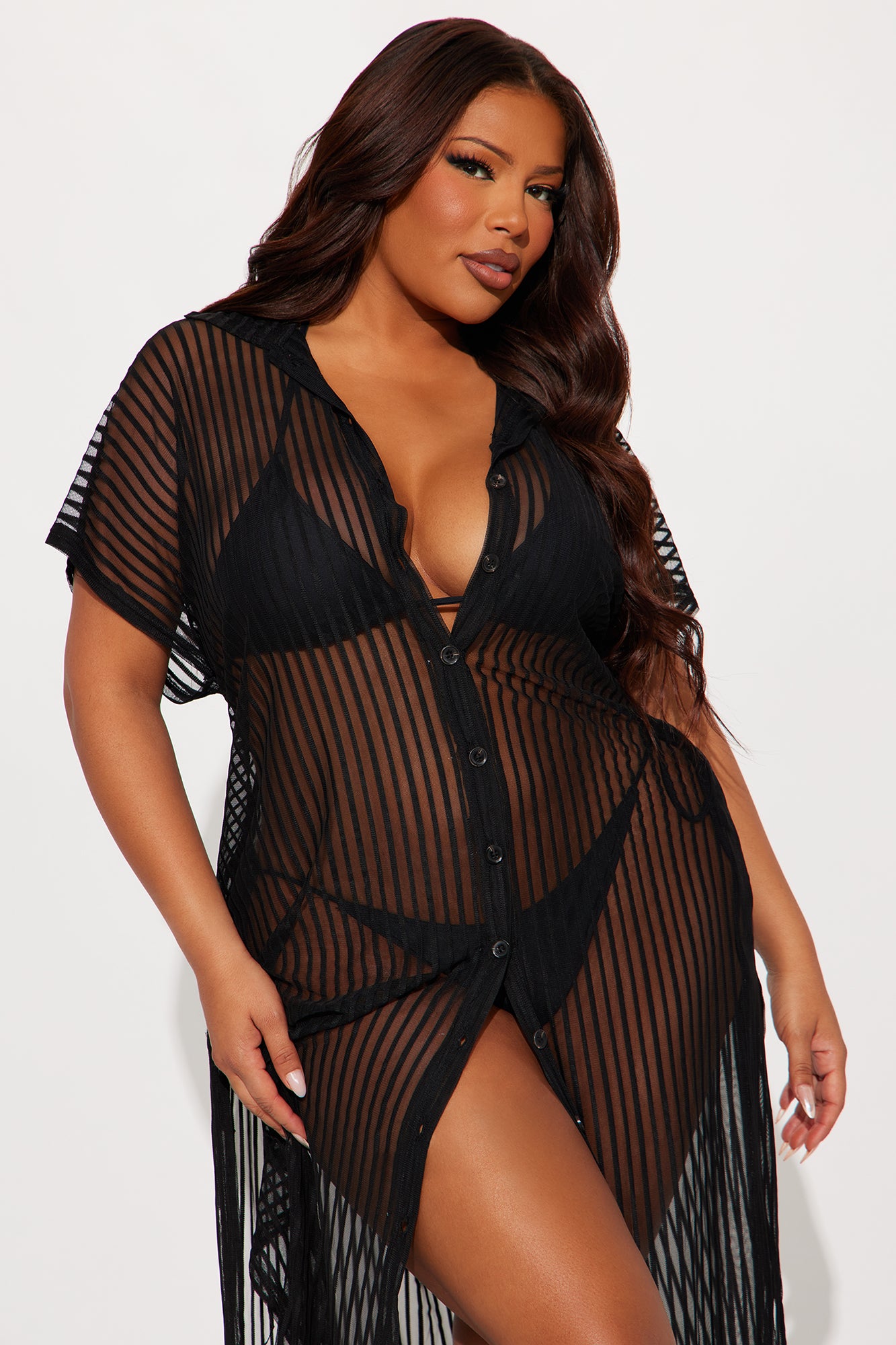 Palm Shade Stripe Midi Button Up Cover Up - Black - Image 5