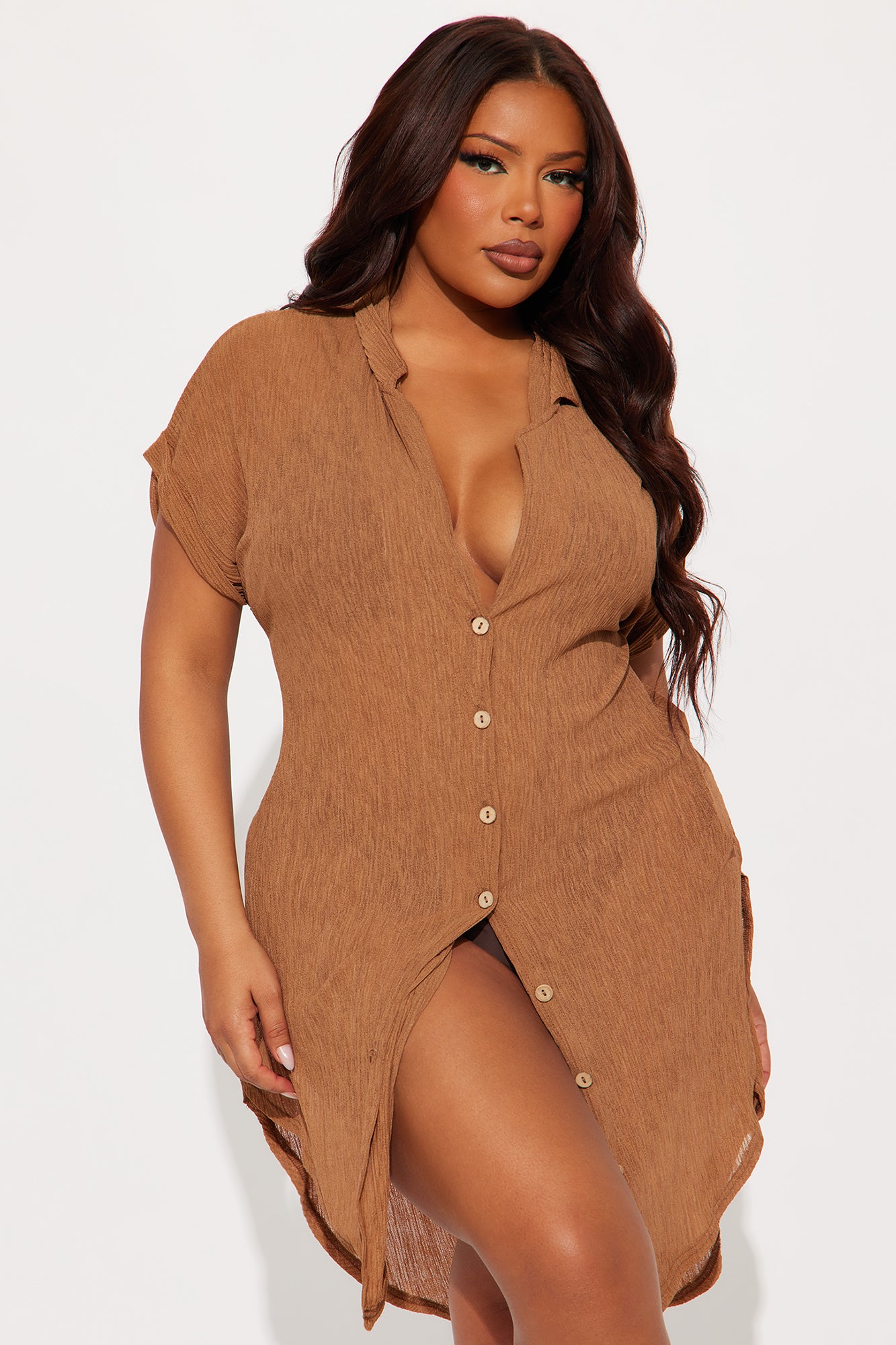 Summer Breeze Button Up Plisse Cover Up Shirt Dress- Mocha - Image 4