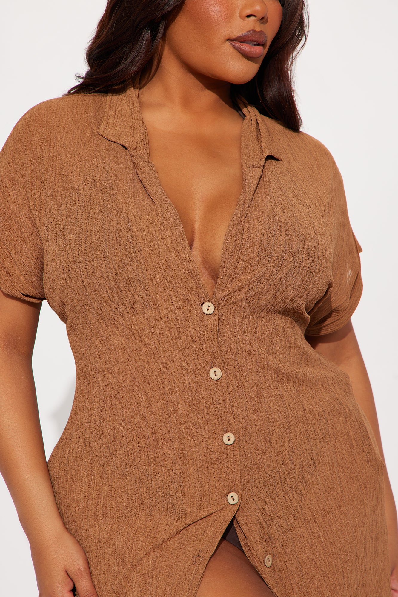 Summer Breeze Button Up Plisse Cover Up Shirt Dress- Mocha - Image 5