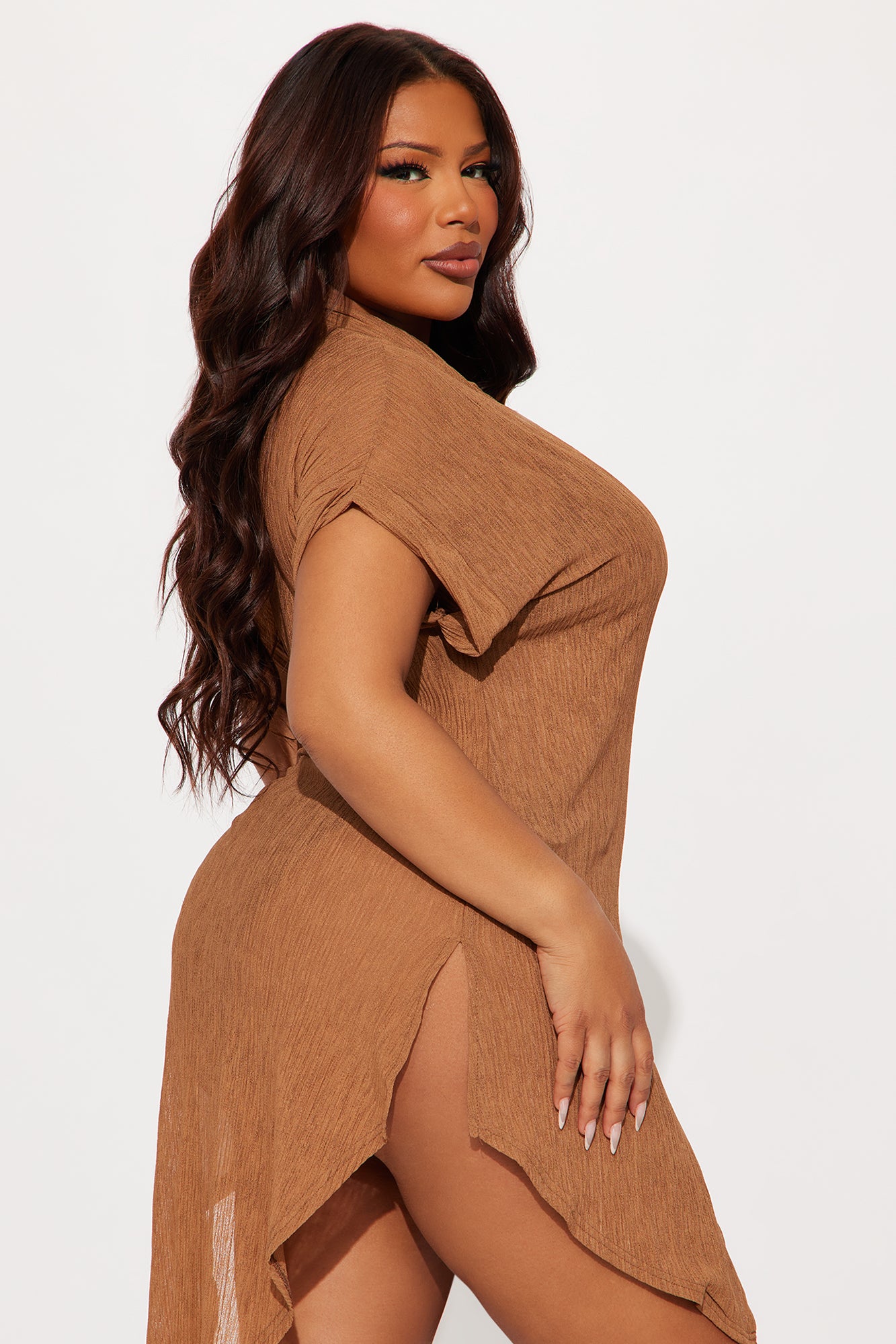 Summer Breeze Button Up Plisse Cover Up Shirt Dress- Mocha - Image 6