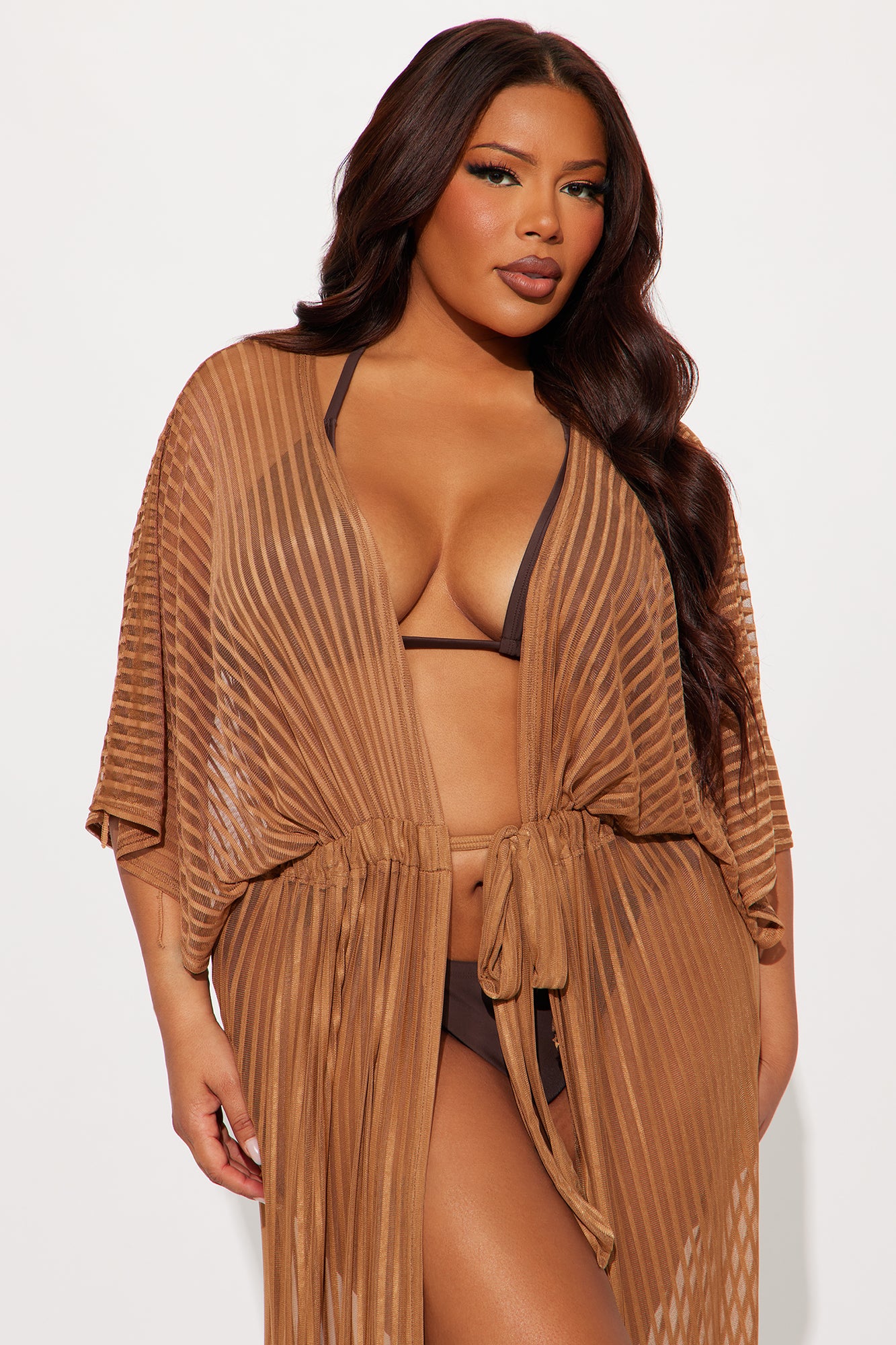 Beach Shade Stripe Cover Up Maxi Kimono - Mocha - Image 5