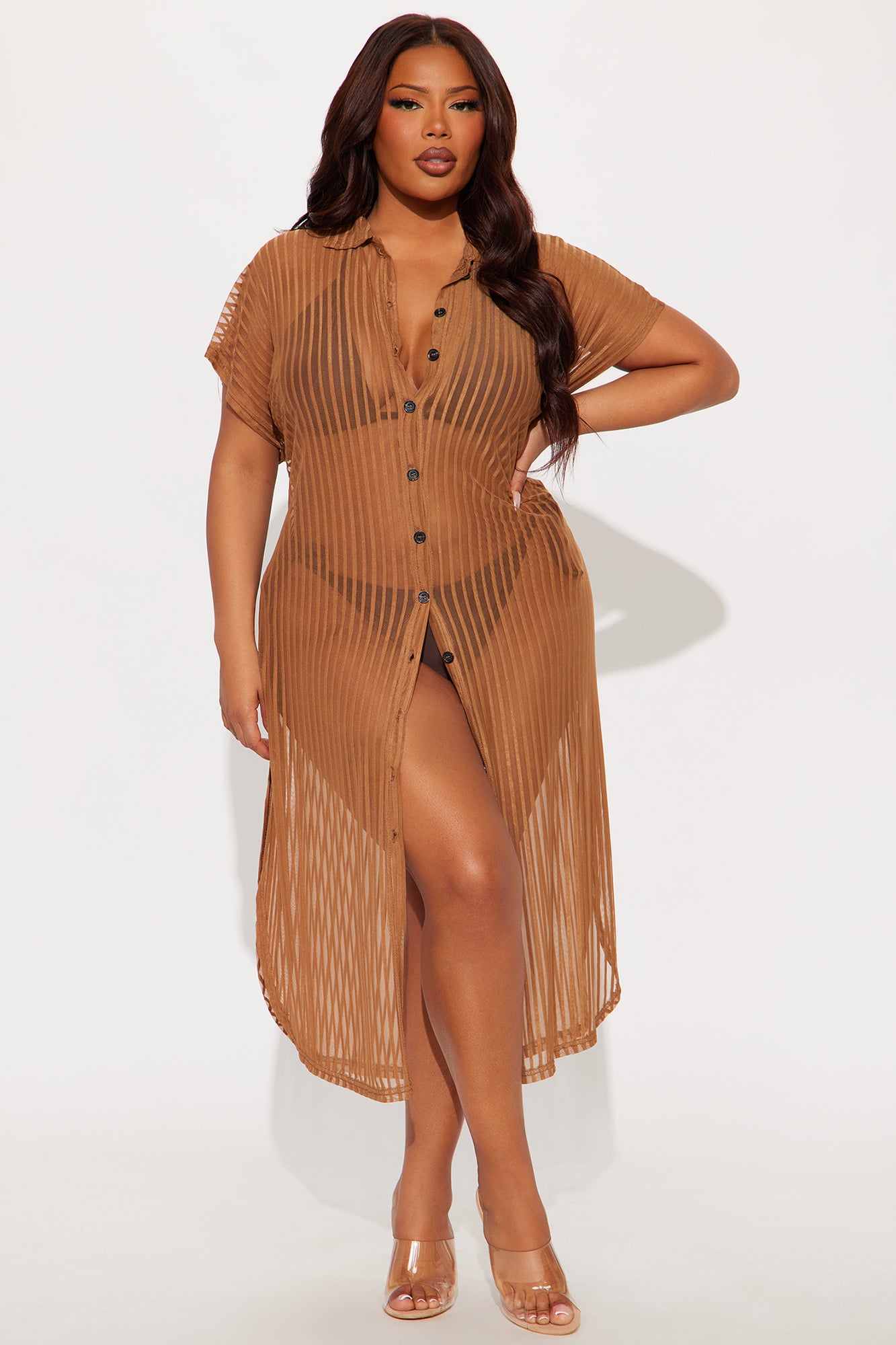 Palm Shade Stripe Midi Button Up Cover Up - Mocha - Image 4