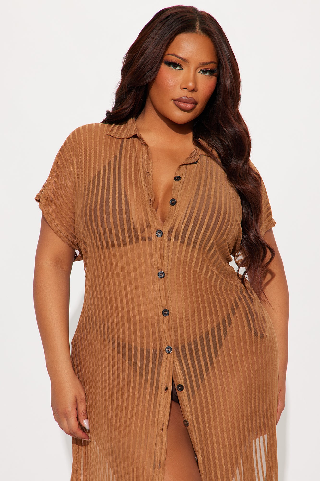 Palm Shade Stripe Midi Button Up Cover Up - Mocha - Image 5