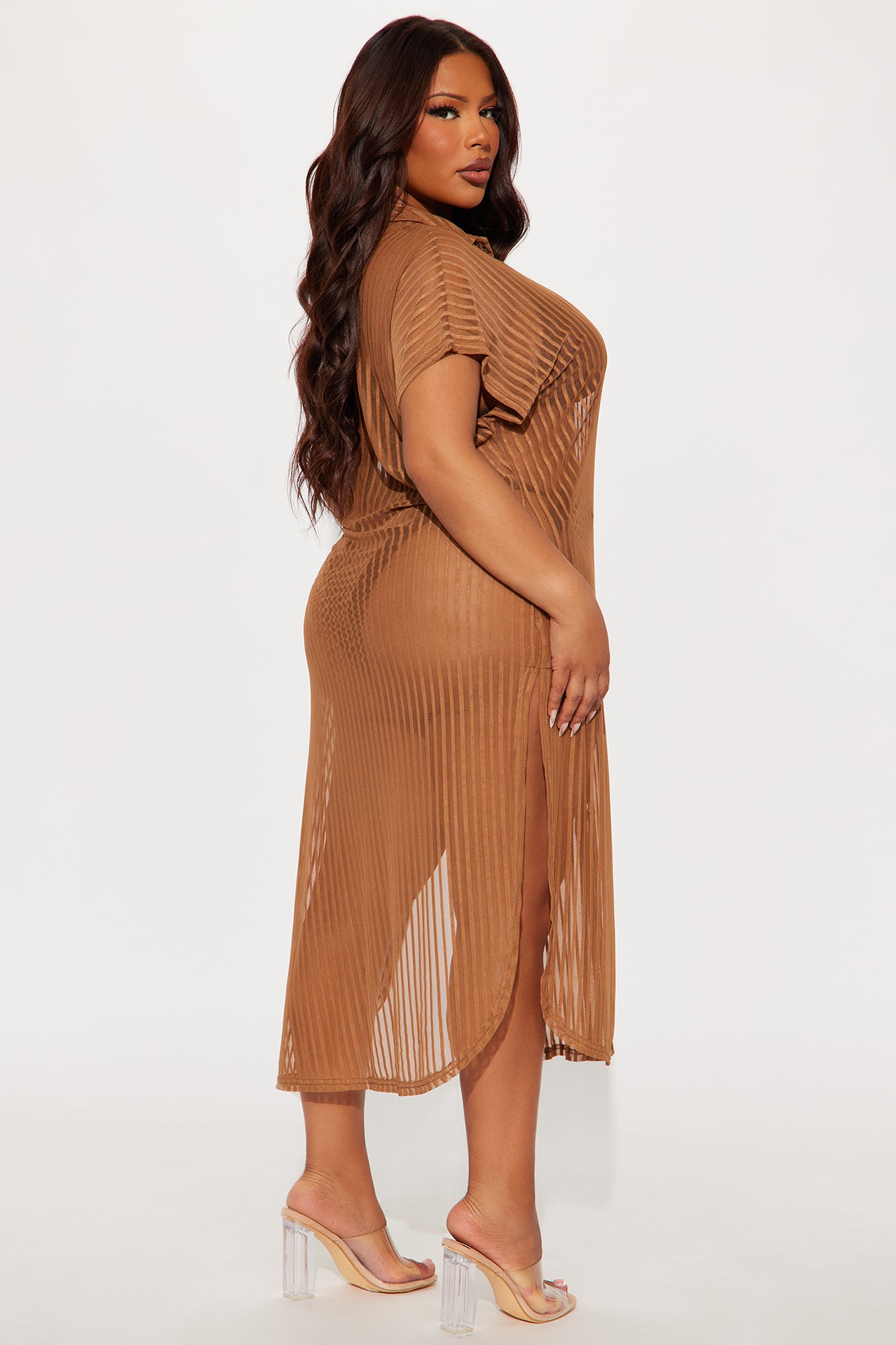 Palm Shade Stripe Midi Button Up Cover Up - Mocha - Image 6