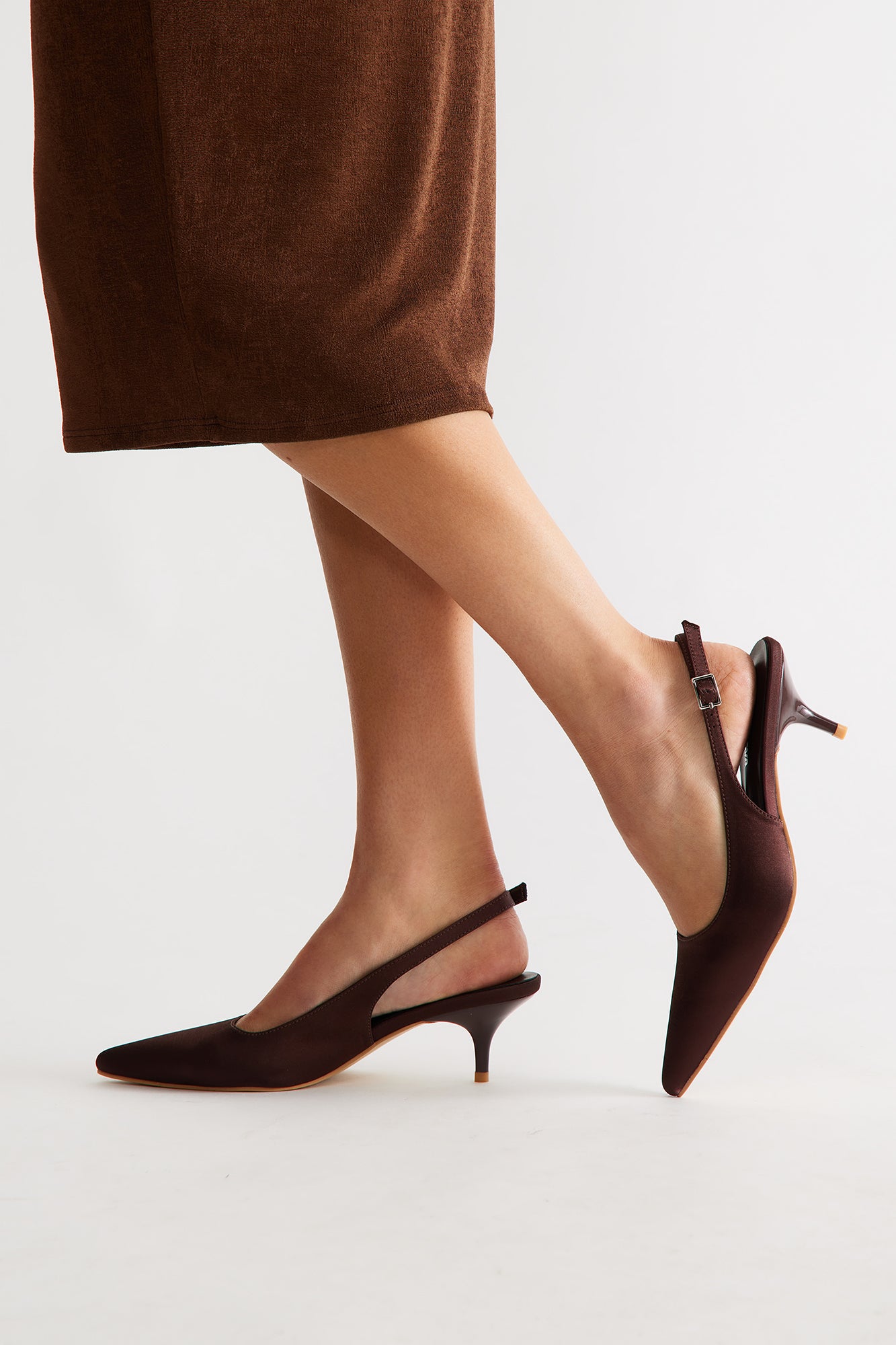Smitten Satin Kitten Heel Pumps - Chocolate - Image 4