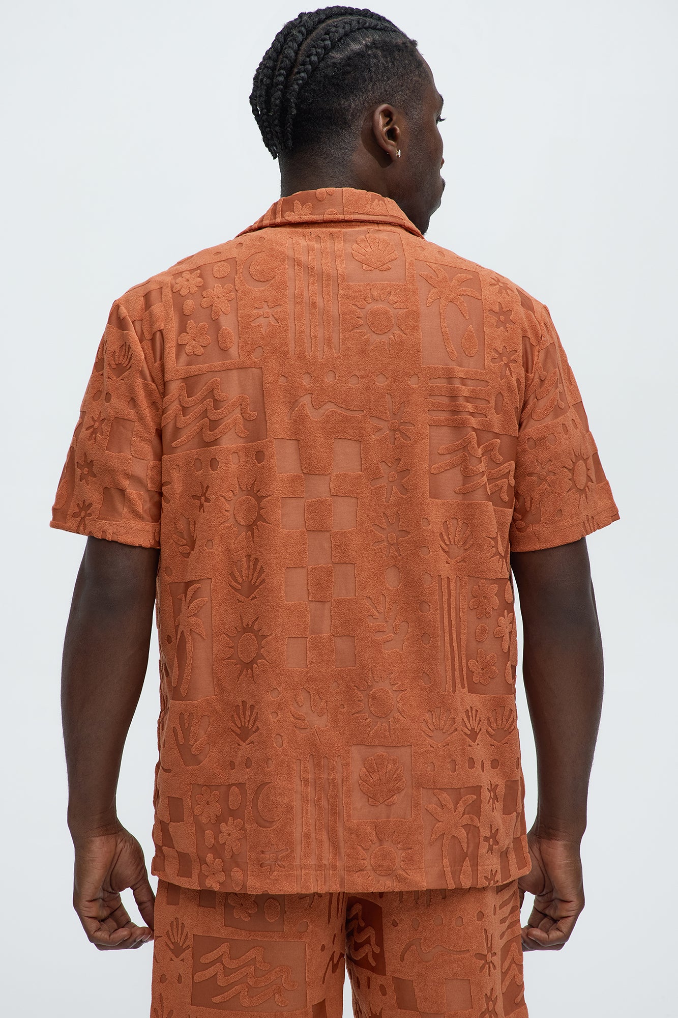 Tropical Trees Jacquard Short Sleeve Button Up Shirt - Rust - Image 4