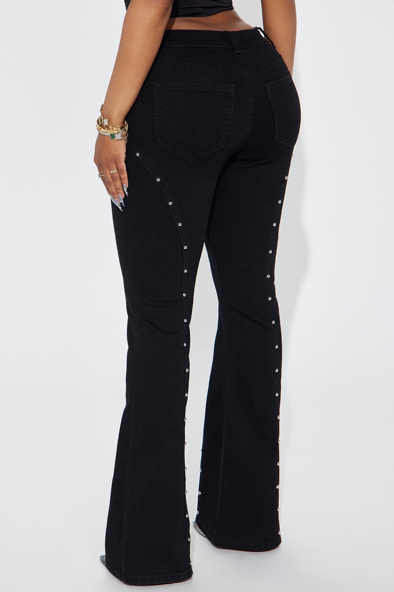 Well Deserved Studded Stretch Flare Jeans - Black - Image 3