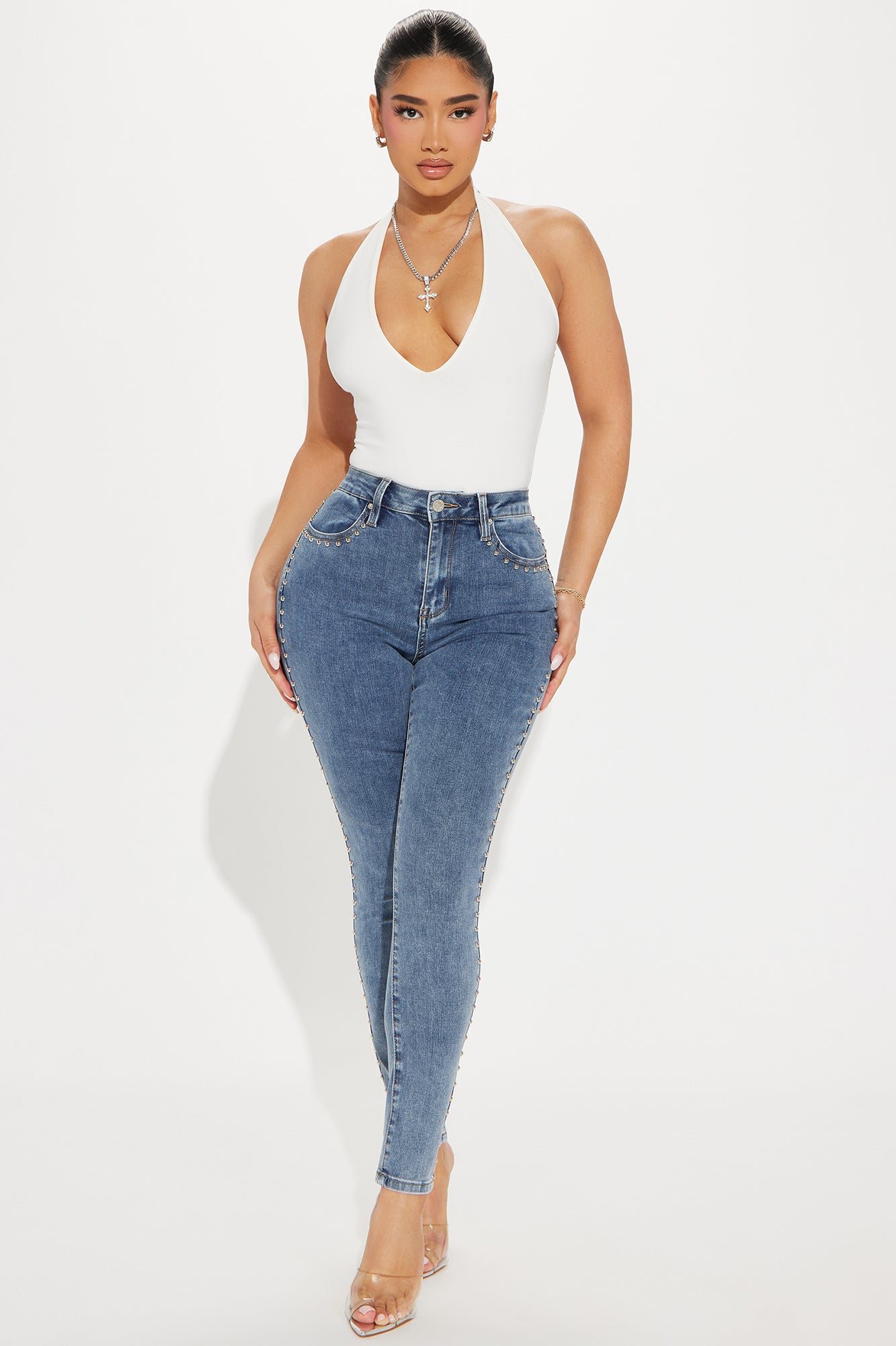 A Different Vibe Studded Stretch Skinny Jeans - Medium Wash - Image 5