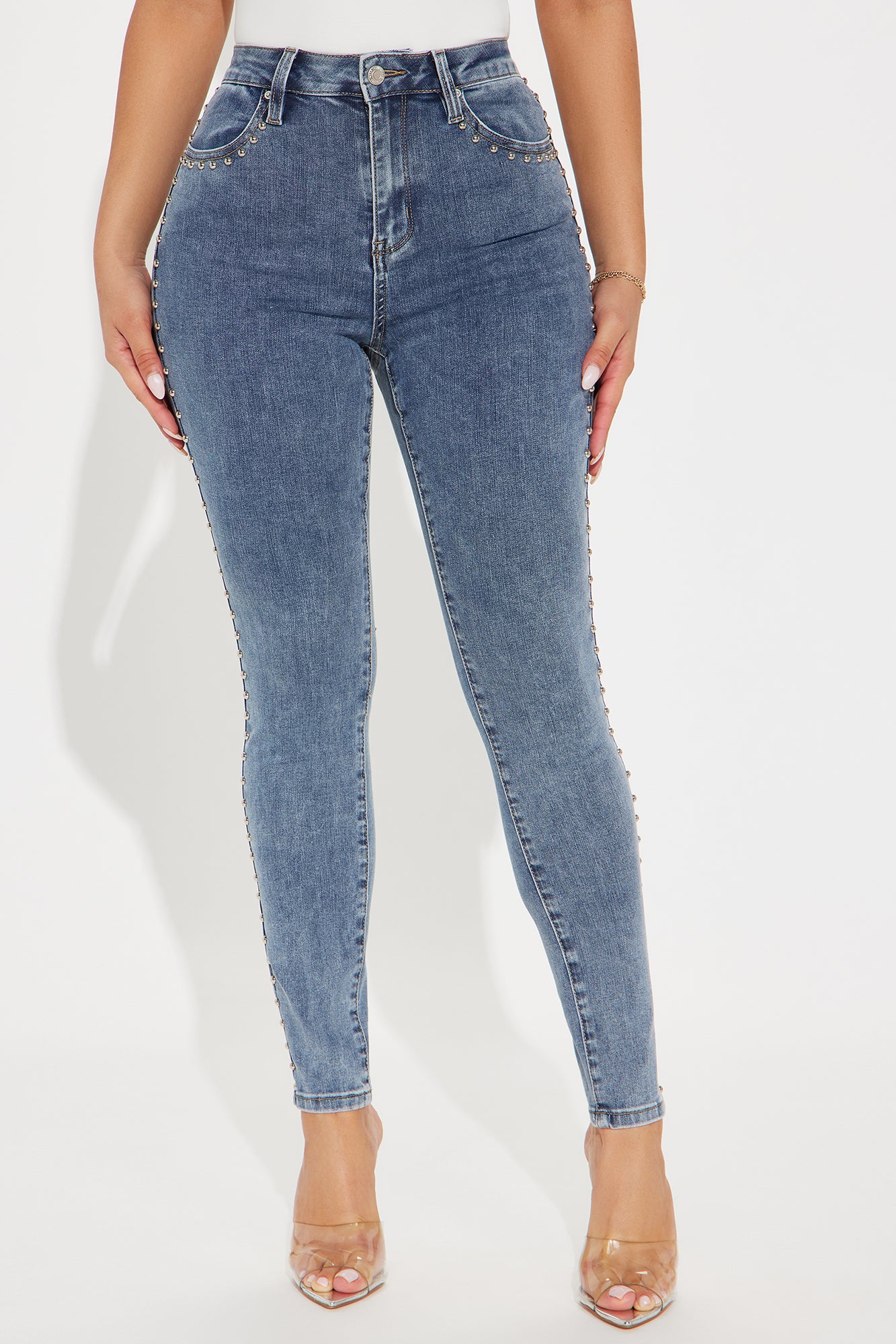 A Different Vibe Studded Stretch Skinny Jeans - Medium Wash - Image 3
