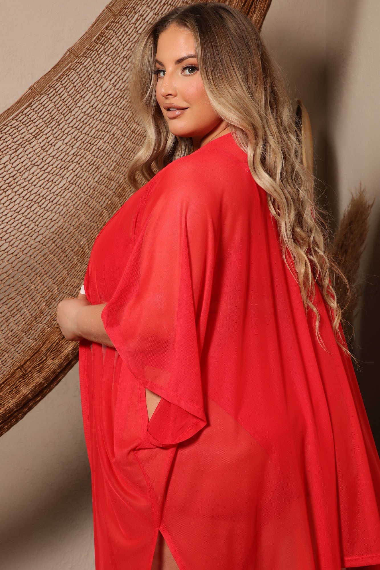 Maui Mix And Match Mesh Cover Up Kimono - Red - Image 7