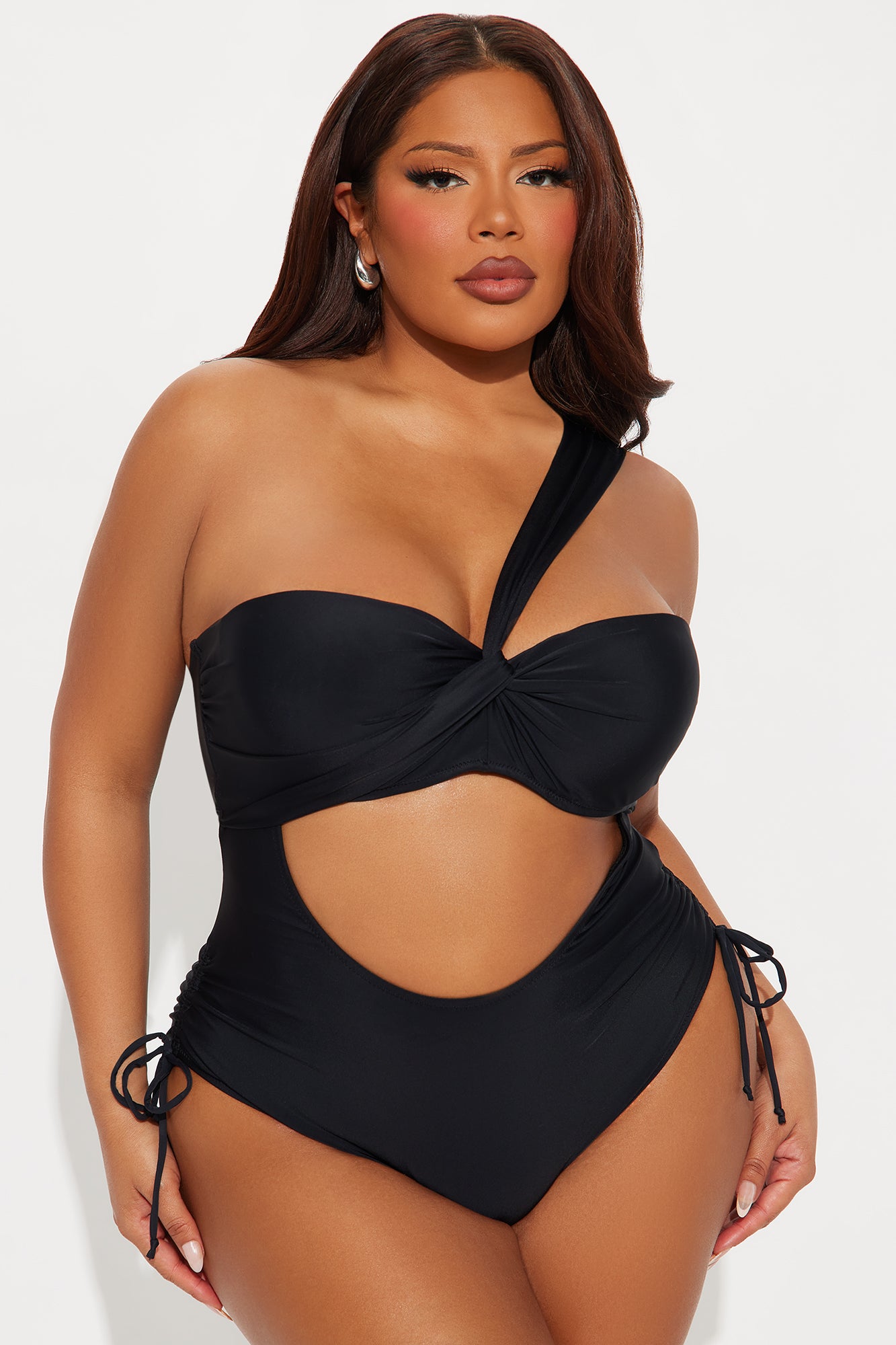 Cabana Beach One Shoulder Cutout Ruched 1 Piece Swimsuit - Black - Image 4