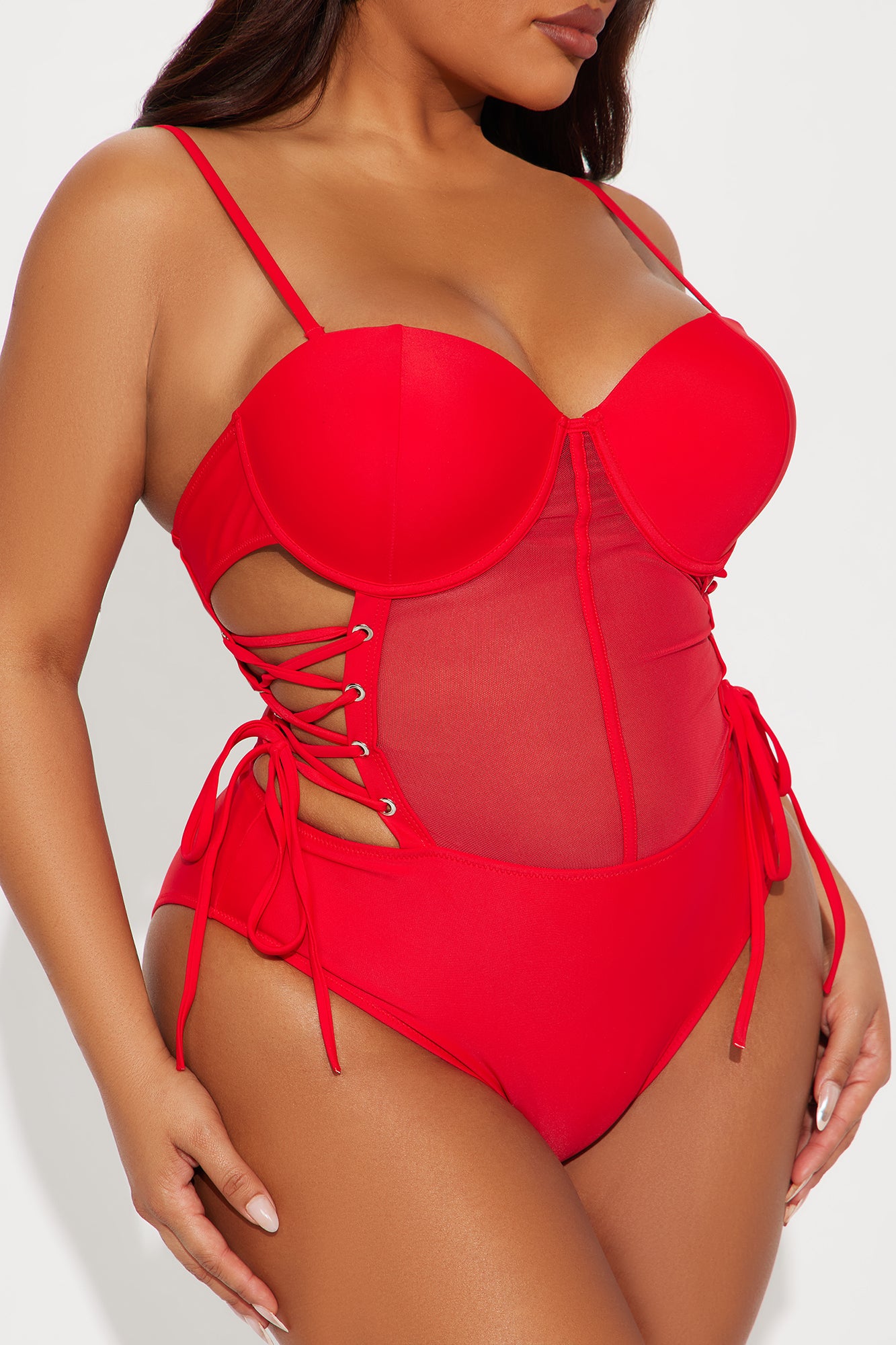 Dare Me Corset Mesh Cutout Underwire 1 Piece Swimsuit - Red - Image 5