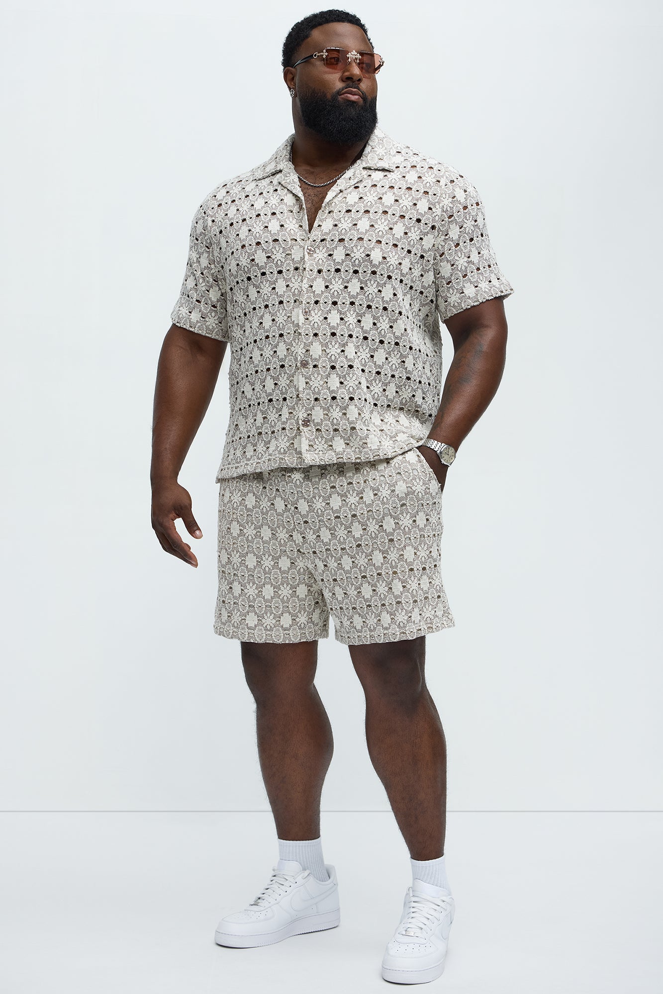 Patterned Open Knit Shorts - Cream/combo - Image 6