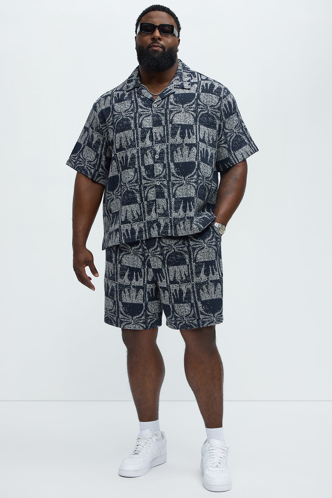 Tribal Pattern Cuban Button Down Shirt - Navy/combo - Image 6