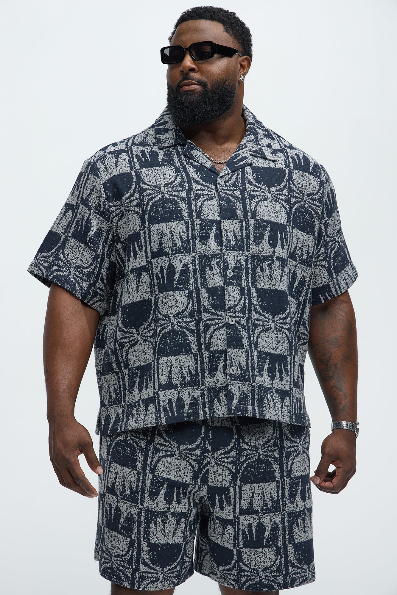 Tribal Pattern Cuban Button Down Shirt - Navy/combo - Image 5