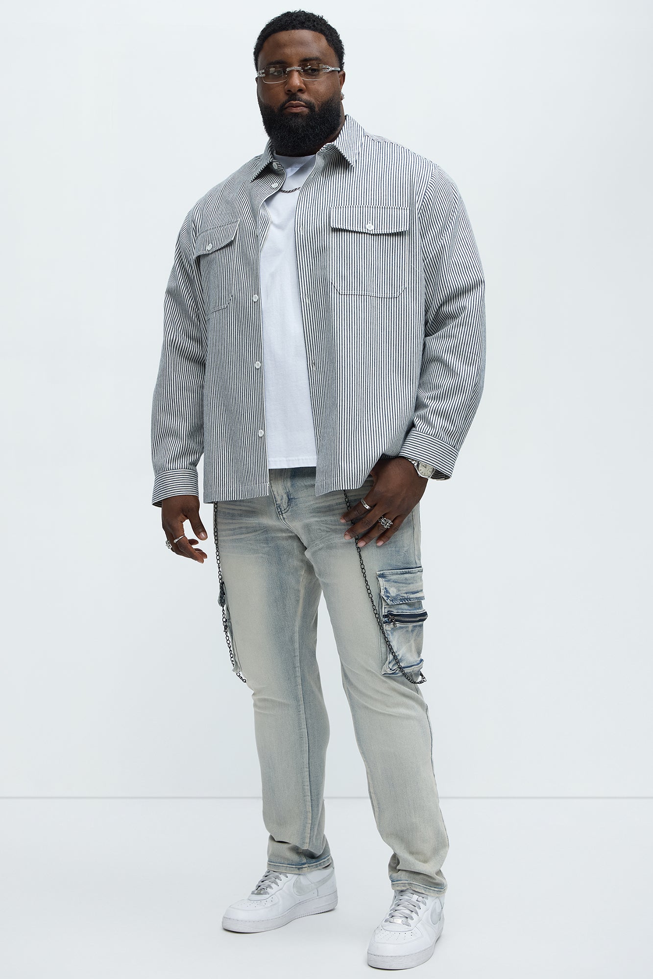 Down To It Cargo With Chain Stacked Skinny Jeans - Light Wash - Image 6