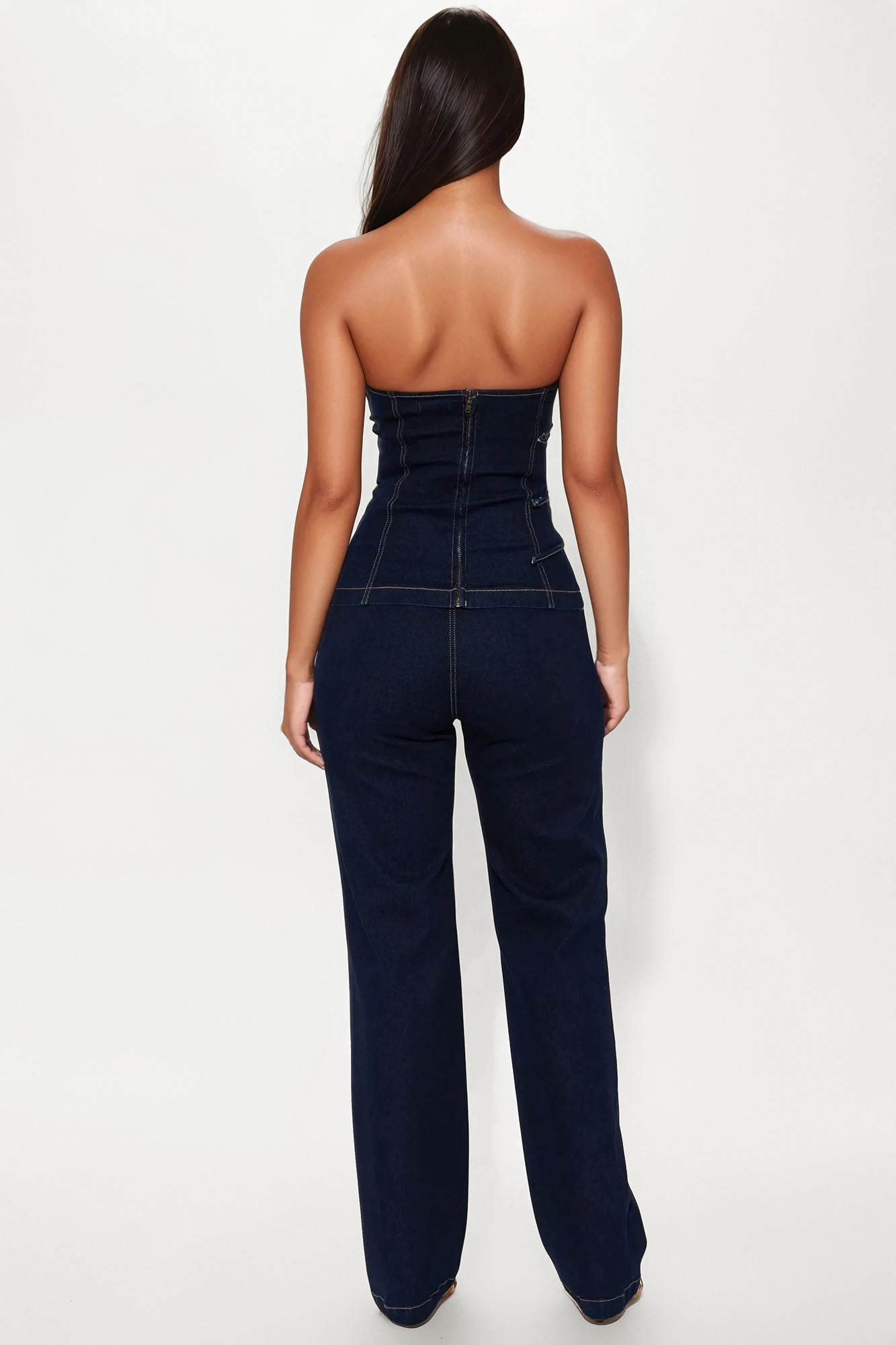 Belt It Down Strapless Denim Pant Set - Dark Wash - Image 3